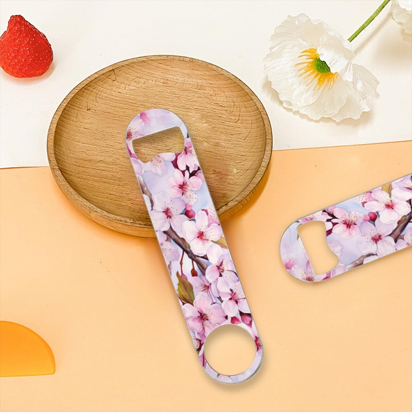 2 PACK Beer Bottle Opener, Stainless Steel Flat Bottle Openers,7 inch Metal Decor,Cherry Blossoms With Pink Petals