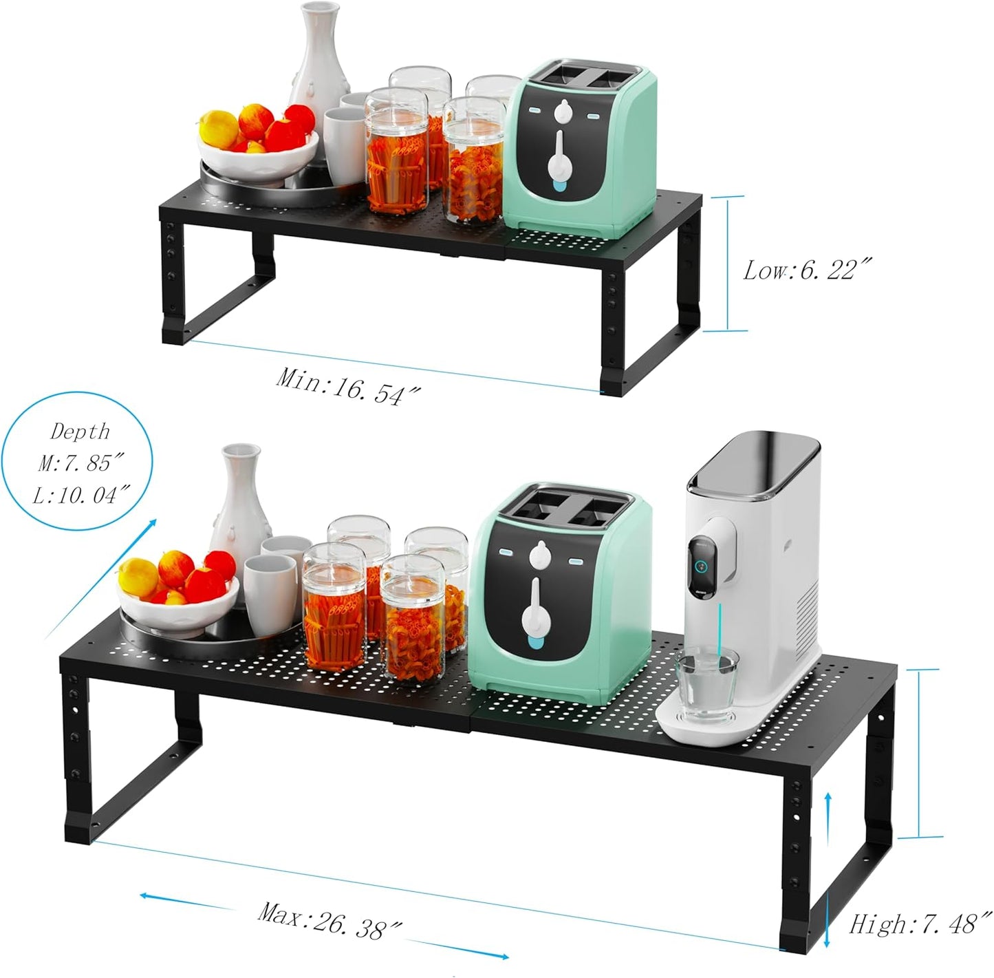 Expandable Spice Rack Kitchen Cabinet Shelf Organizer, Stackable Storage Shelves Racks, Adjustable Counter Shelving for Cabinets, Countertop, Cupboard,Pantry and More(2Packs/Black/Large)