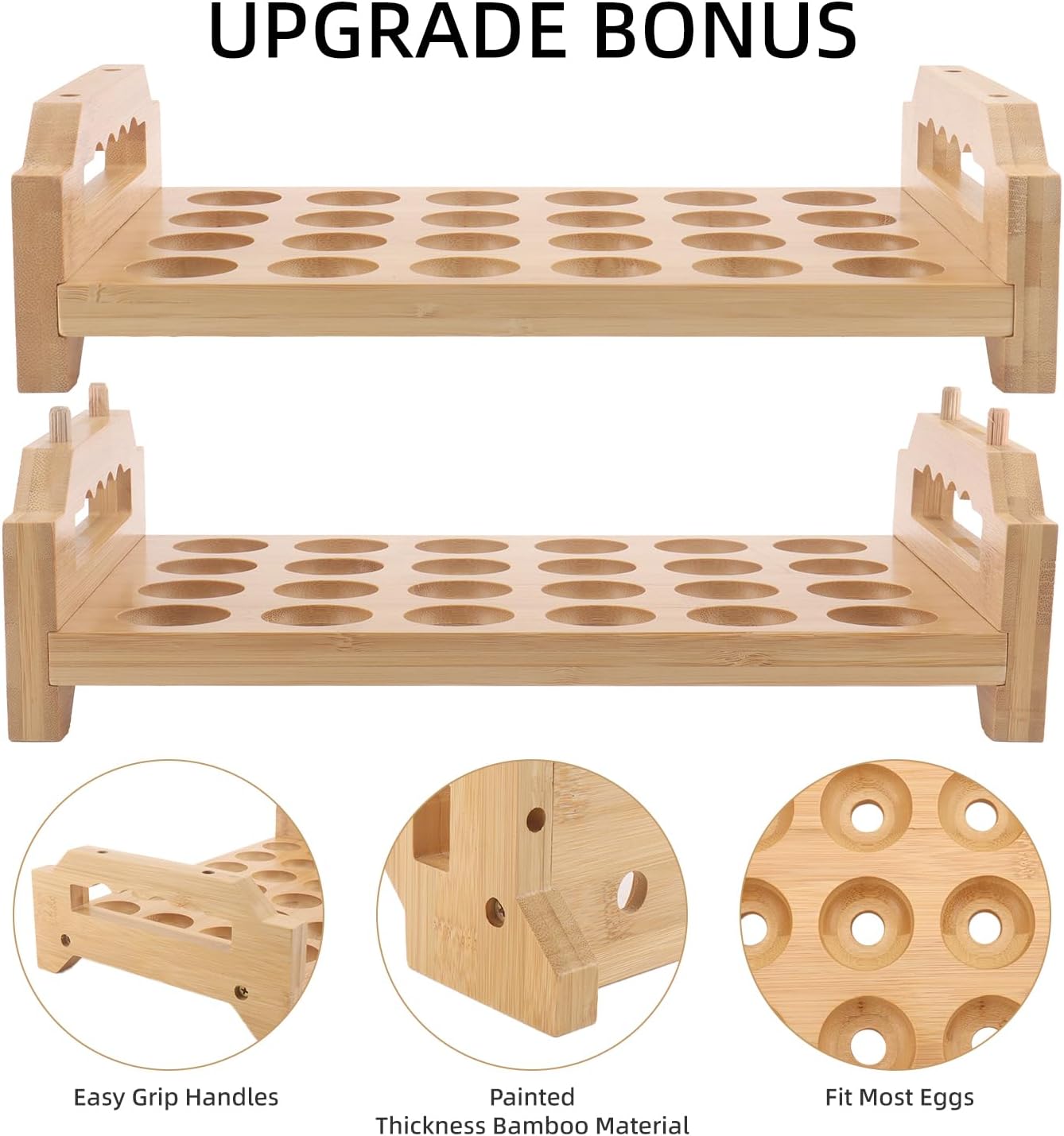 Egg Holder, 2 Tier Egg Holder Countertop, Bamboo Egg Organizer and Storage for Gathering 48 Fresh Eggs, Egg Stackable Stand Rack, Egg Basket for Kitchen Refrigerator Farmhouse