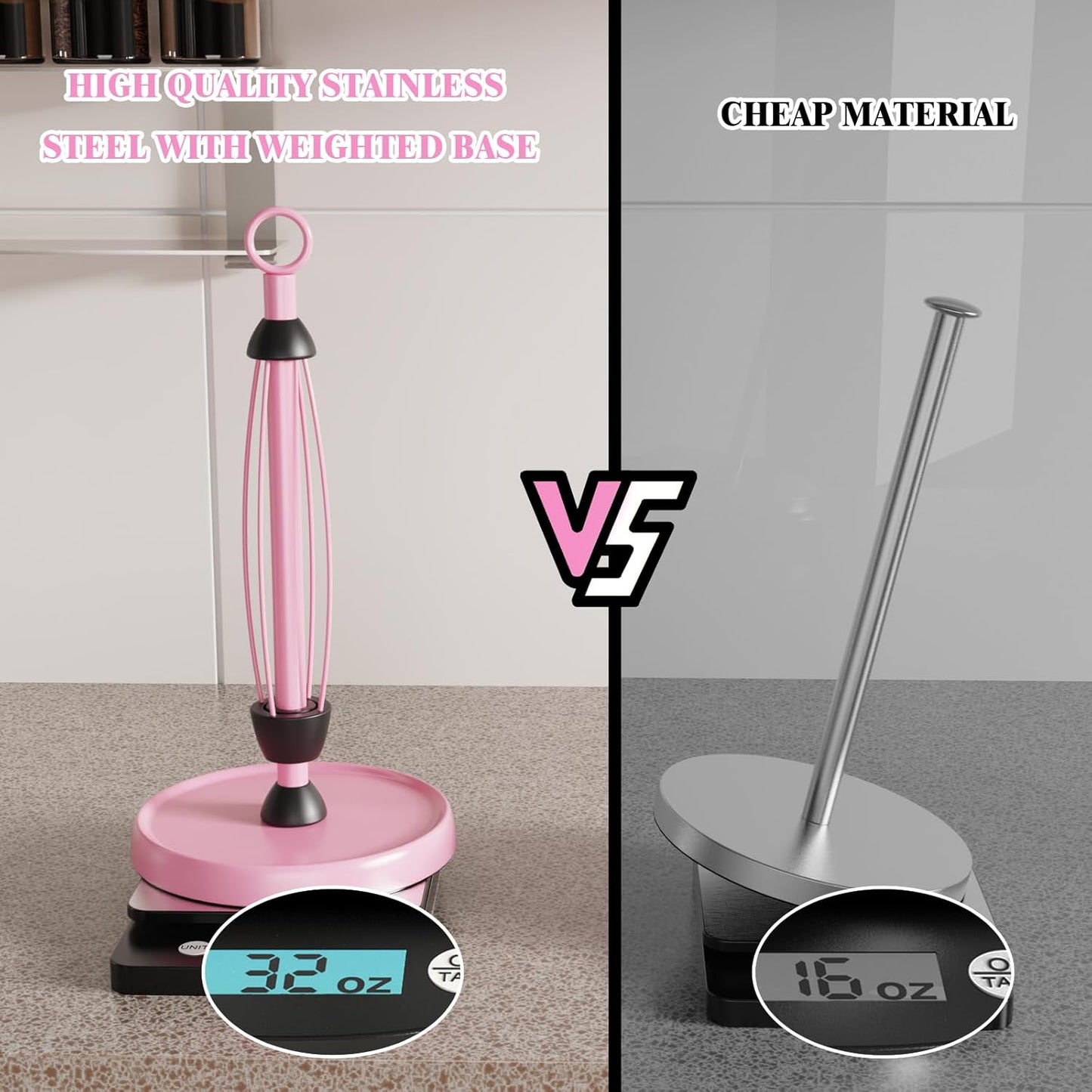 Pink Paper Towel Holder Countertop, Pink Kitchen Accessories Decor, One-Handed Tear, Stainless Steel, Weighted Base, Ring Paper Towel Holder Stand with Ratchet System for Kitchen Farmhouse Essentials