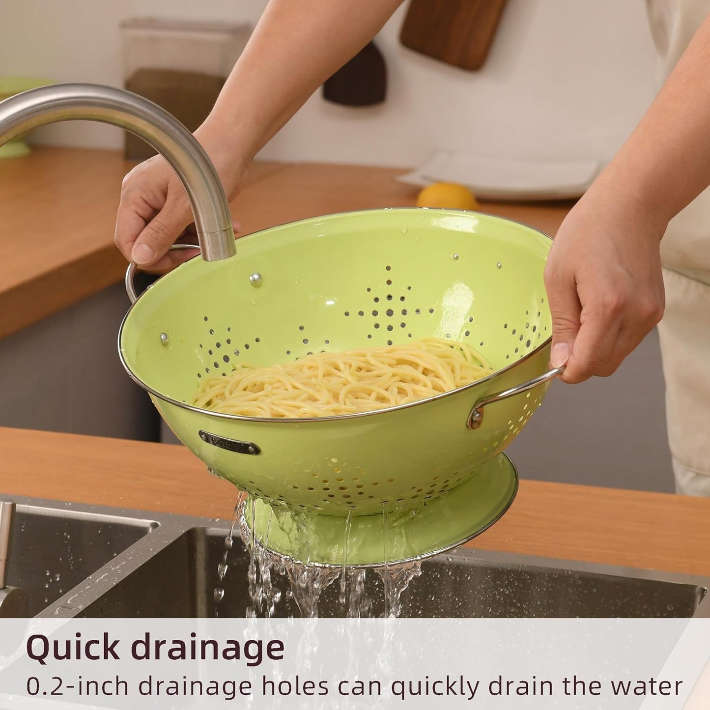 Metal Colander 2 Pack, Strainer Bowel with Handles 2Qt & 6Qt Powder Coated Solid Ring Base Heavey Duty Kitchen Drainer Basket for Pasta Veggies and Fruits,New Home Apartment Essentials (LightGreen)