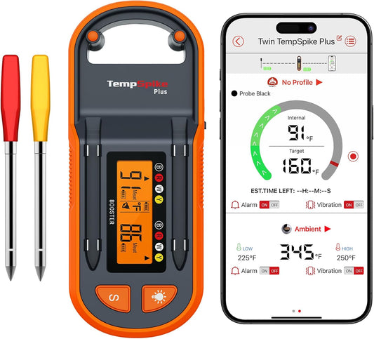 ThermoPro TempSpike Wireless Meat Thermometer with 2 Ultra-Thin Meats Probes, Bluetooth Meat Thermometer with Stand-Alone LCD Booster for BBQ, Oven, Grill, Kitchen, Smoker, Rotisserie, Red and Yellow