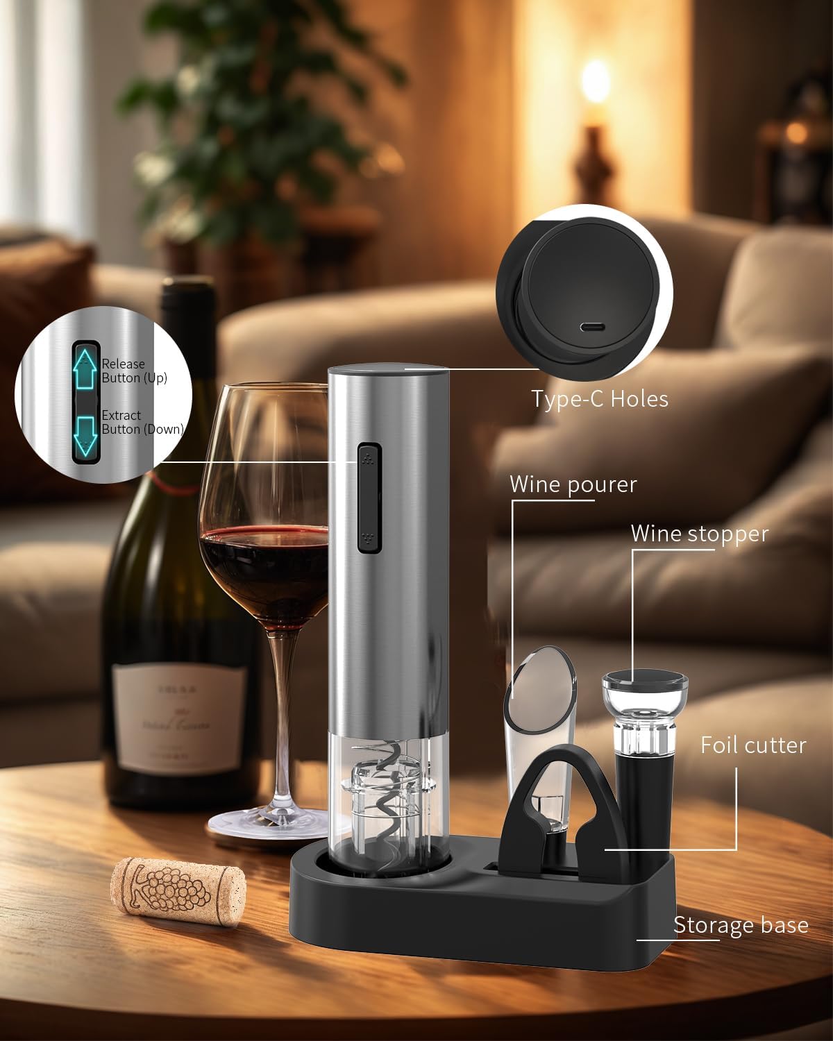 CIRCLE JOY 6-in-1 Electric Wine Opener Set Rechargeable Stainless Steel Wine Opener Gift Set with Foil Cutter, Rechargeable & Manual Wine Aerator Pourers, Vacuum Wine Stopper and Storage Base, Silver