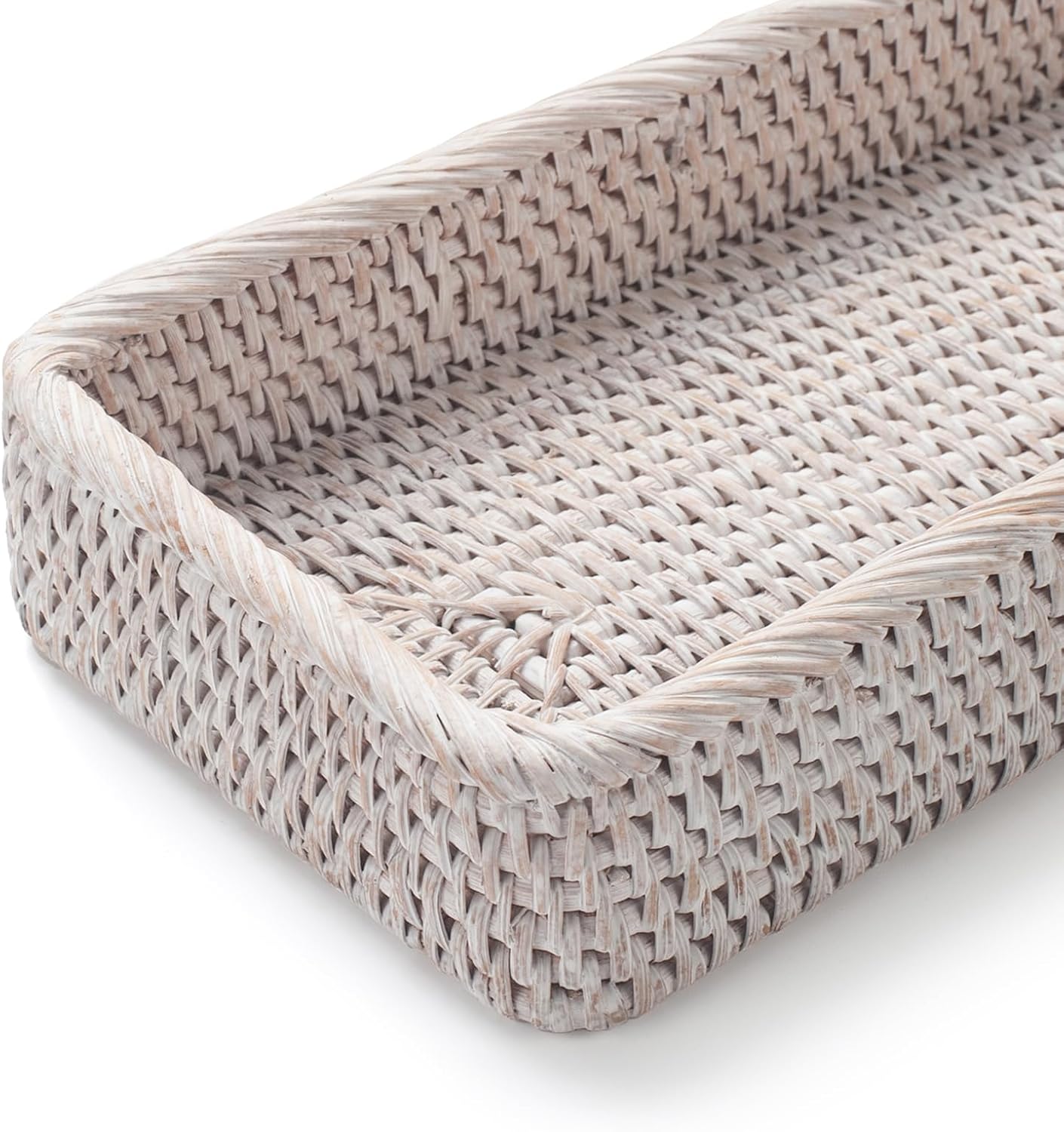 Rattan Bathroom Vanity Tray, Toilet Tank Basket Tray for Paper Hand Towel, Bathroom Counter Tray for Organizing and Decor (Whitewash, 16.3" x 6.1" x 2")
