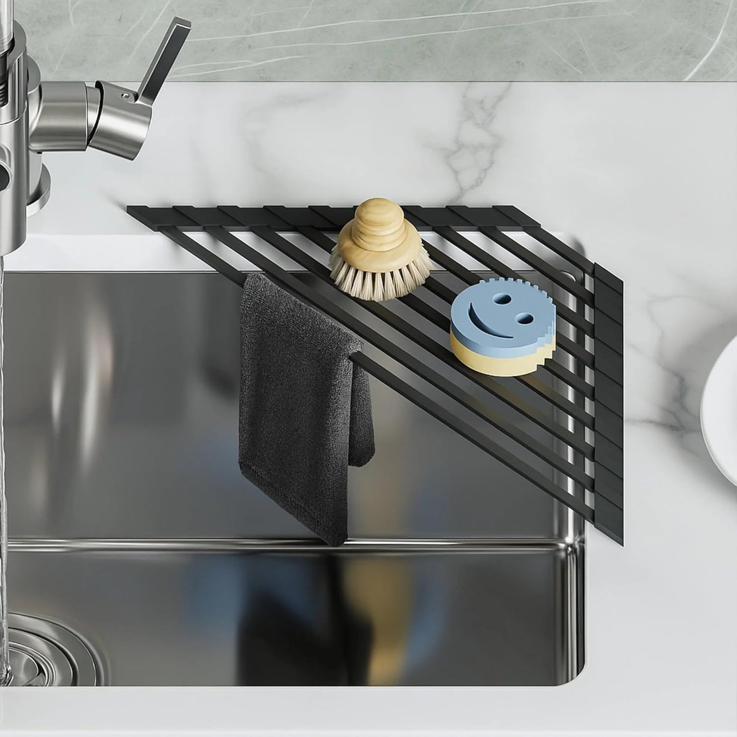 Dowell Over The Sink Roll-Up Triangle Dish Drying Rack Silicone Wrap, 9 Rods Dishwasher Safe, Food Safe, Heat Resistant, Foldable, Space-Saving, Multi-Purpose Sink Organizer for Any Surface