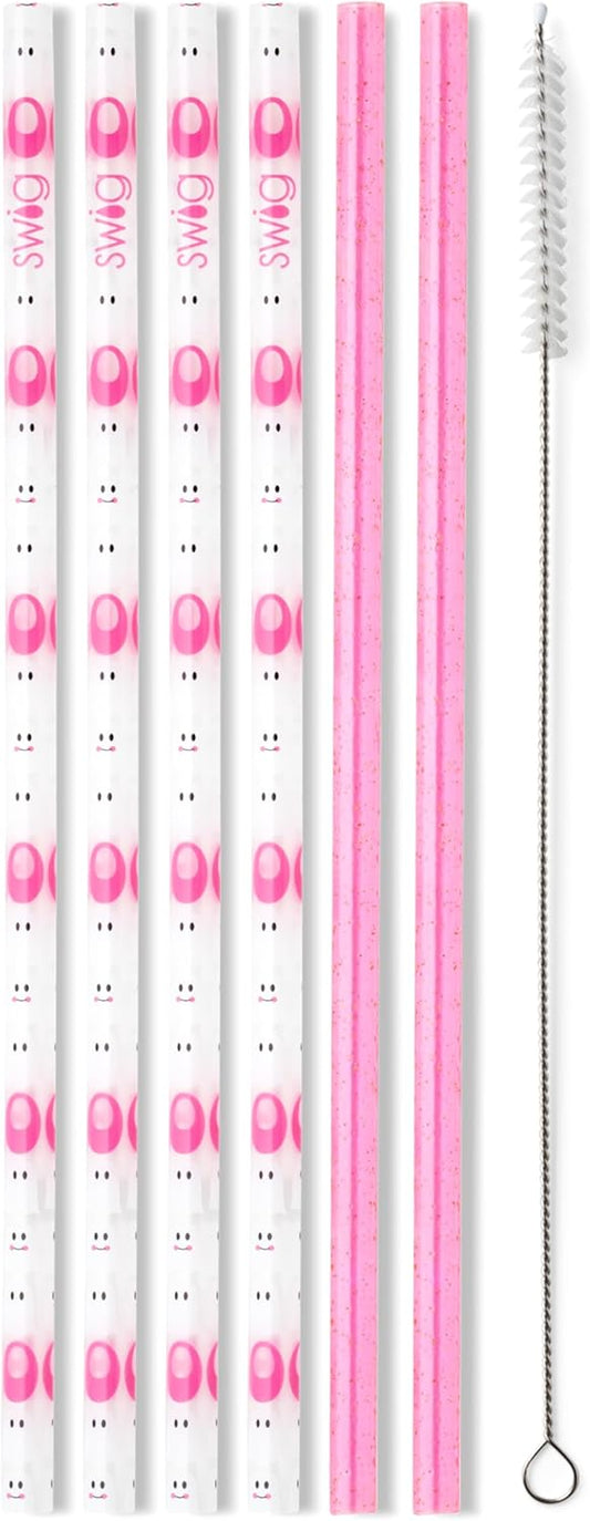 Swig Life Reusable Straws Faboolous + Pink Glitter Tall Straw Set & Cleaning Brush, Each Straw is 10.25 inch Long (Fits Swig Life 20oz Tumblers, 22oz, and 32oz Tumblers)