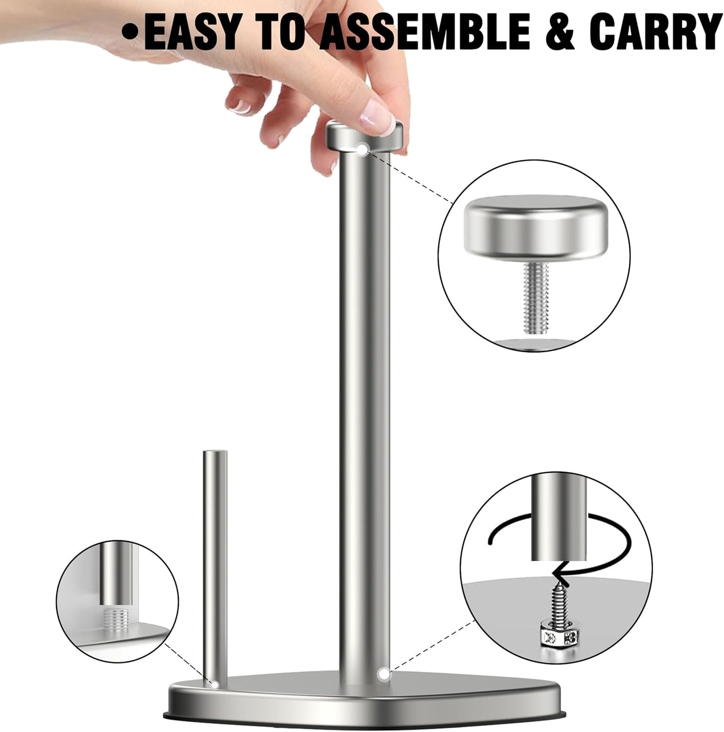 Paper Towel Holder Countertop, Standing Paper Towel Roll Holder for Kitchen Bathroom Organize, Stand with Weighted Base Suction Cups, Stainless Steel One-Handed Operation (Brushed Nickel)