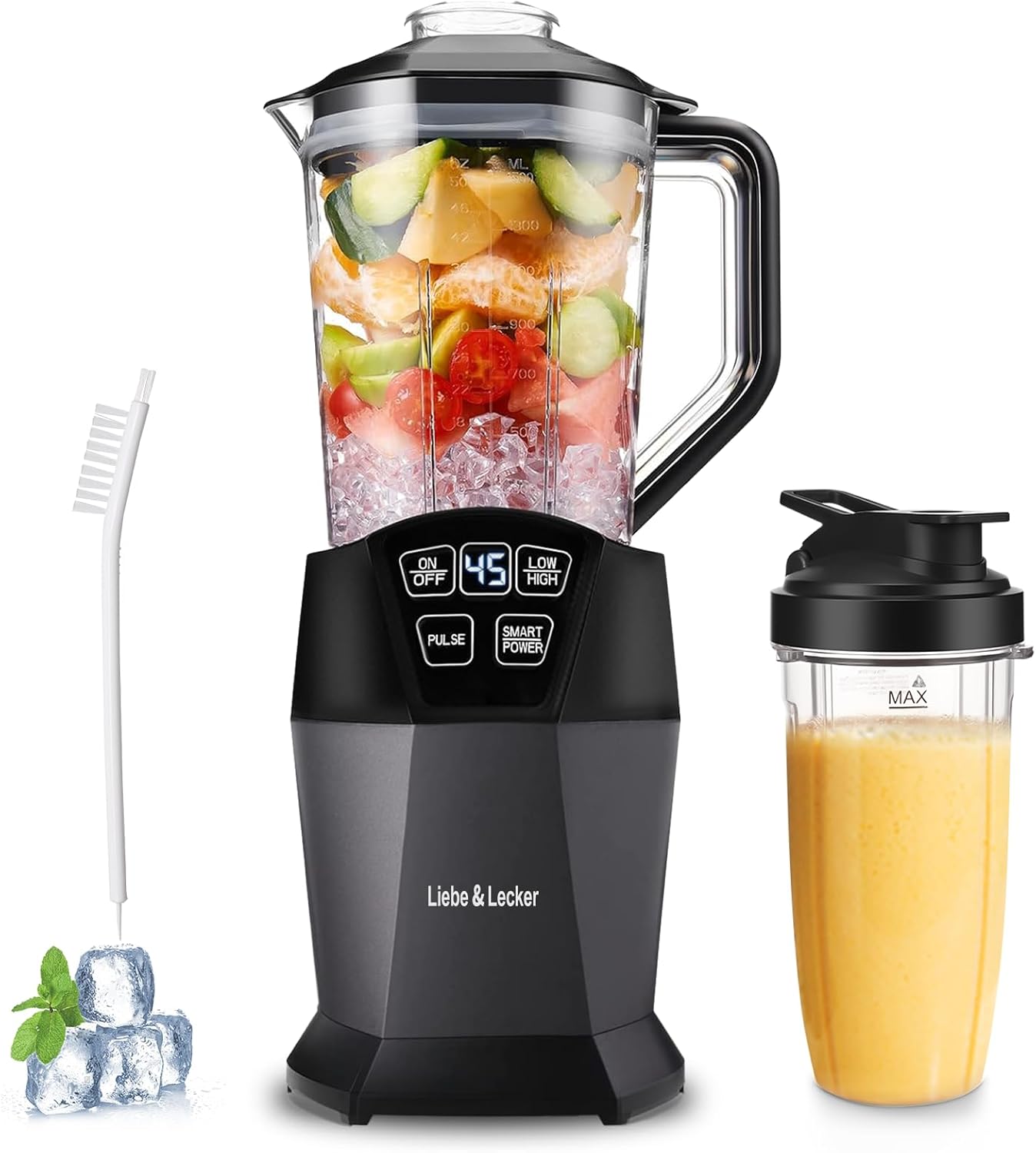 Liebe&Lecker Smoothie Blender with 1200W-Peak-Watts, Powerful Smoothie Maker Smart Technology Blended Frozen Fruit for Smoothies, with BPA Free 28-oz To-go Cup and 50-oz Jar