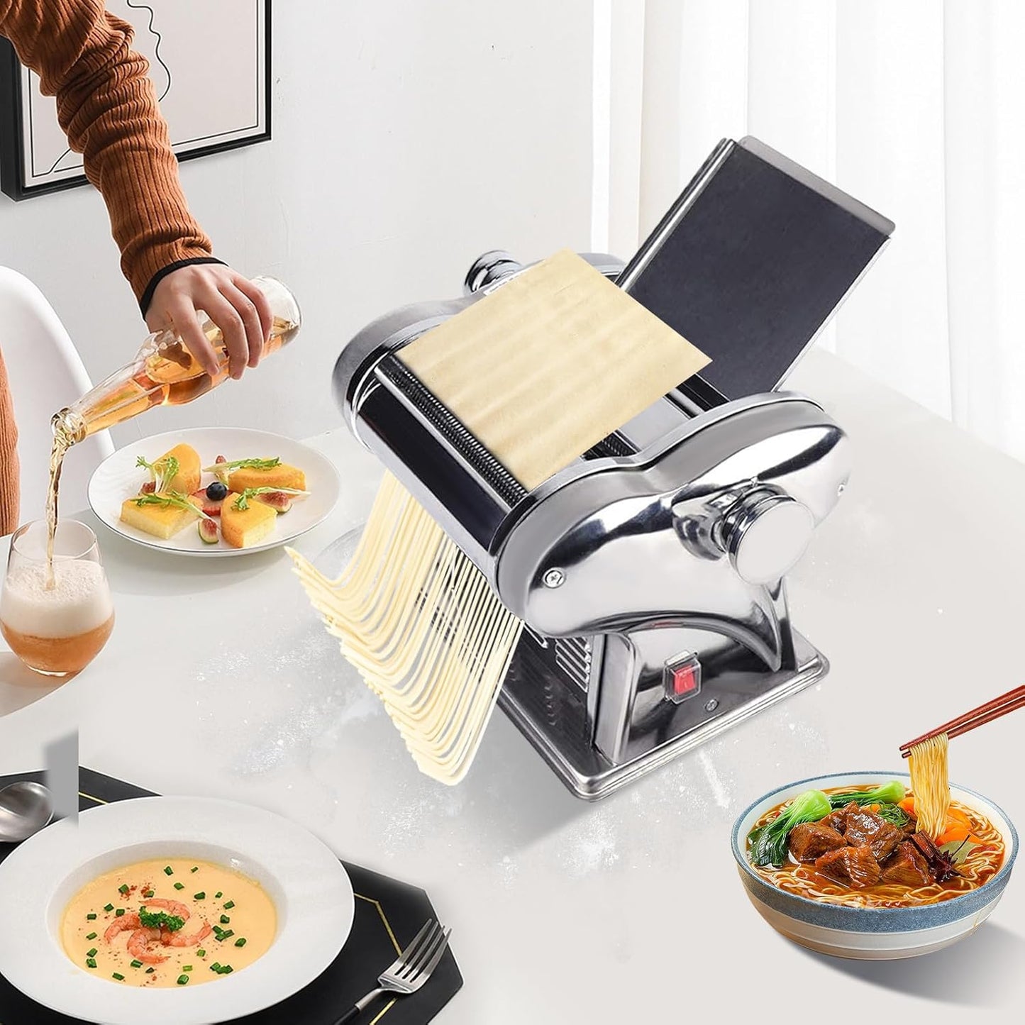 135W Electric Pasta Maker, Pasta Maker 8-Speed Adjustment, Stainless Steel, Pasta Machine one-Touch Start Make Dough Sheets, Dumpling Skins, Wonton Skins, Pancakes