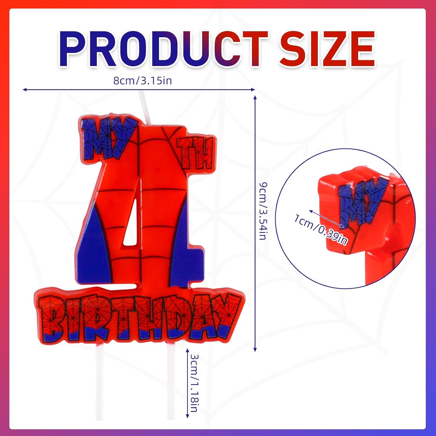 Spider Birthday Party Decorations, Number 4 Red Spider Web Happy Birthday Cake Candle for Boys Girls Spider Web 4th Birthday Party Supplies (Spider Web 4th Candle)