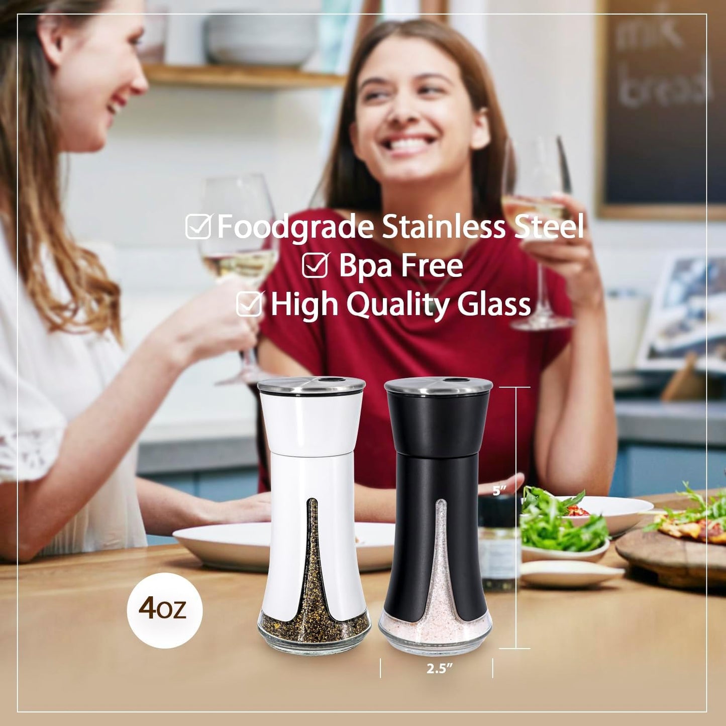 Farmhouse Salt and Pepper Shakers by Aelga - Salt Shaker with Adjustable Pour Holes for Himalayan, Kosher, Black and White