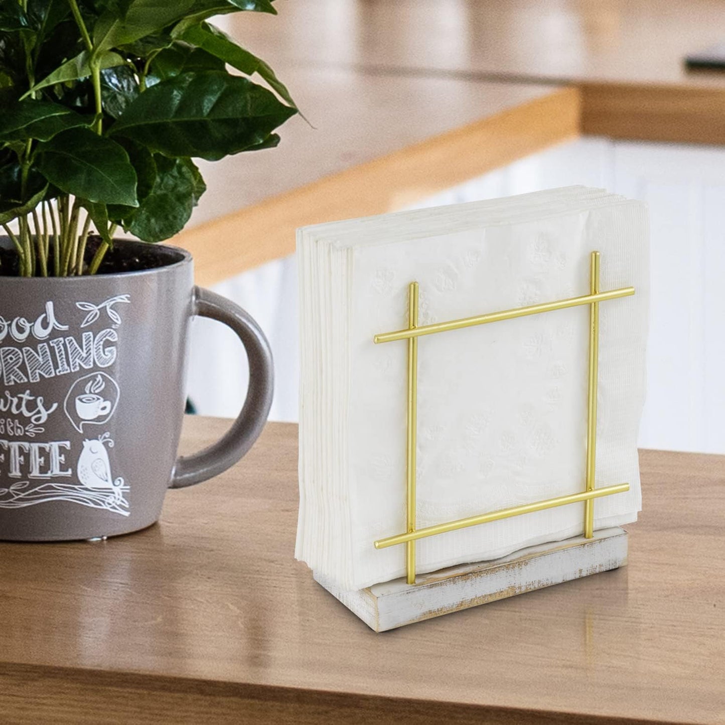 MyGift Metal Napkin Holder with Shabby Whitewashed Solid Wood Base, Dining Table Square Napkin and Cocktail Serviette Dispenser Rack, Kitchen and Dining Accessories