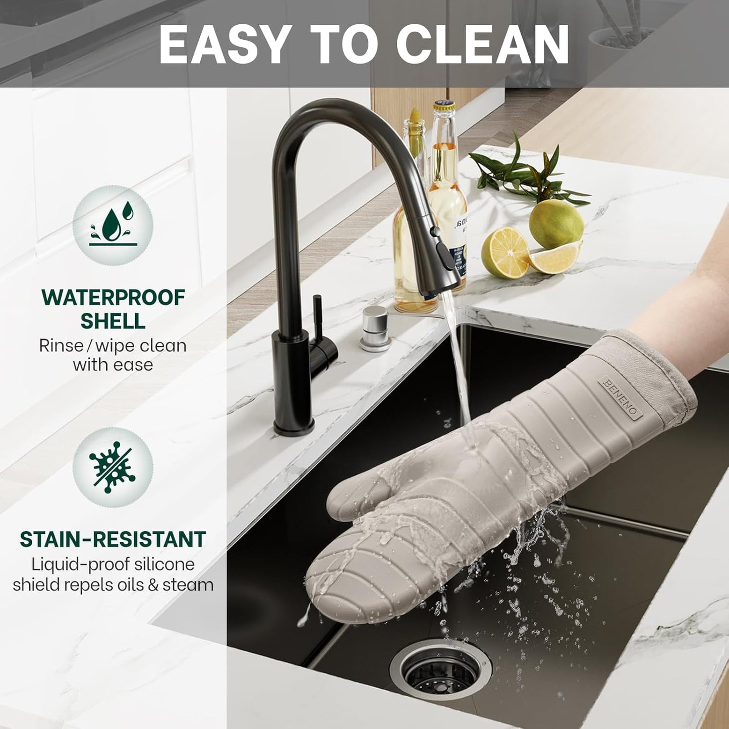 Beneno BPA-Free Silicone Oven Mitts, Heat Resistant Waterproof Oven Mitts with Non-Slip Textured Grip, Comfortable Quilted Lining, Kitchen Pot Holders for Cooking, Baking, Grilling, 7"x13", 2Pcs Beige