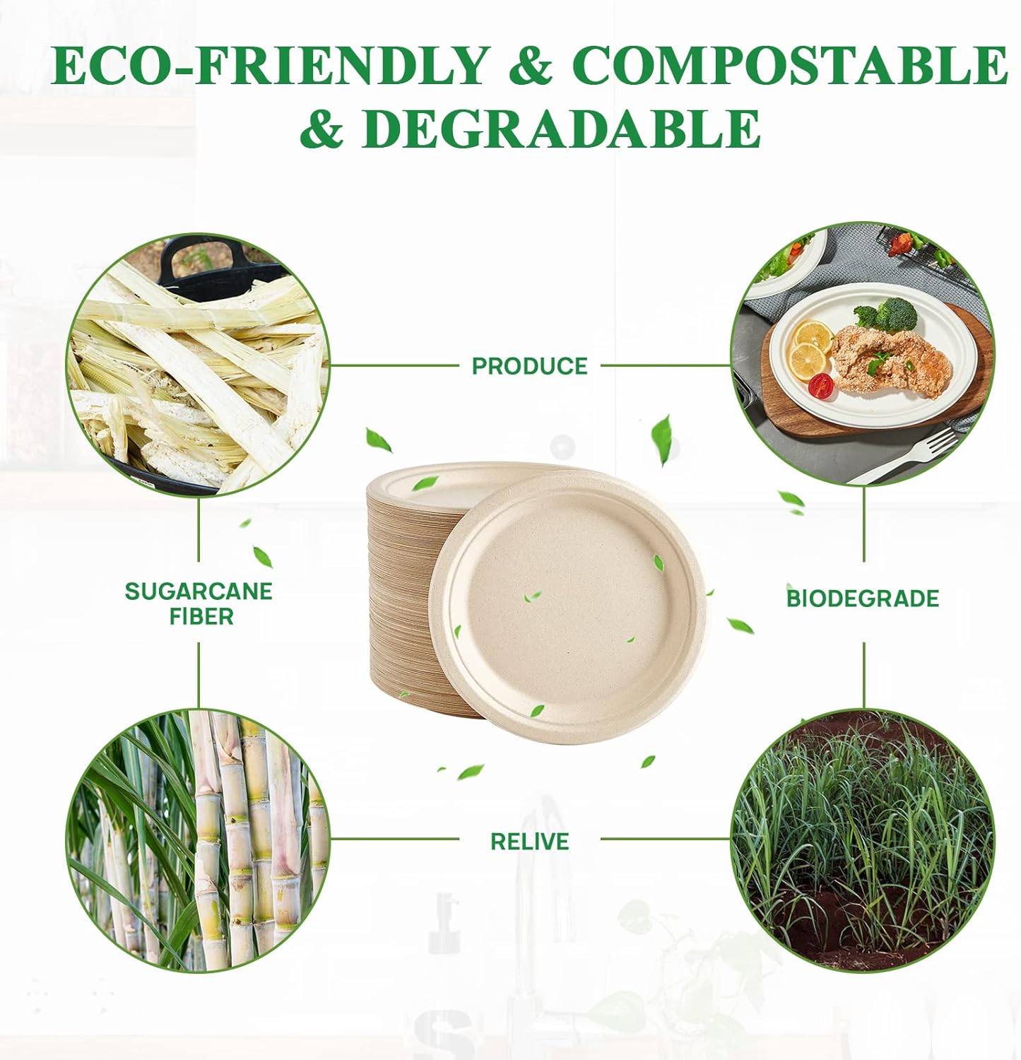 Vplus 150 Pack Paper Plates 9 inch 100% Compostable, Heavy-Duty Disposable Paper Plates Bagasse Natural Biodegradable Eco-Friendly Sugarcane