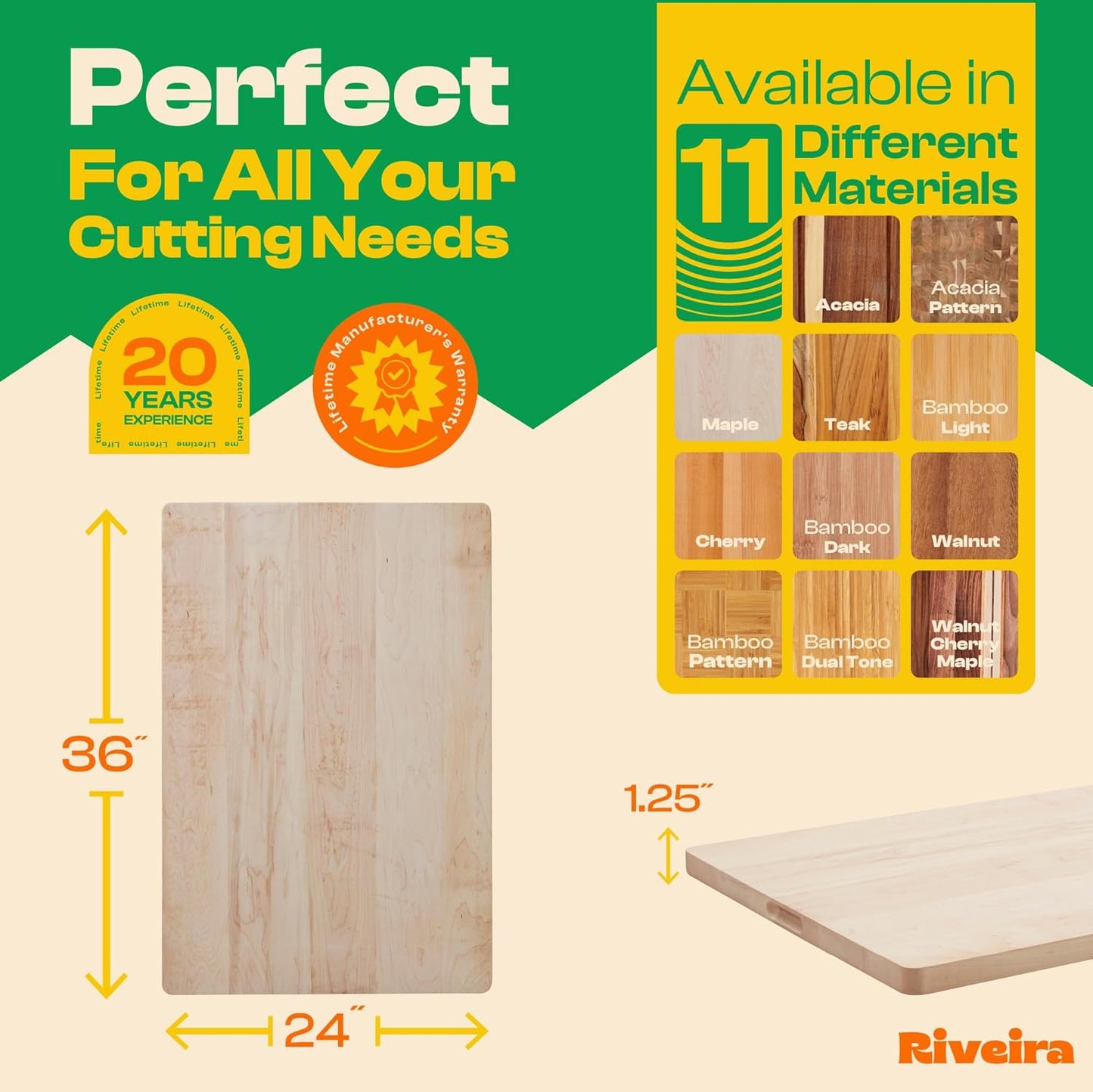 Riveira Maple Wood Cutting Board – Gourmet Maple Grandeur: 36 x 24 Wooden Cutting Board – Natural Wooden Cutting Boards For Kitchen Decorative – Innovative Juice Grooves Maple Wooden Chopping Board