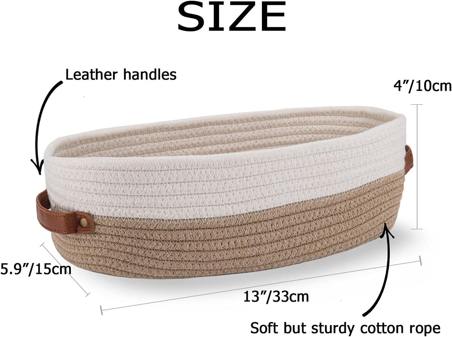 Cotton Rope Bathroom Decor Basket,Toilet Paper Holder Basket,Farmhouse Home Decor Organizing Baskets 13"x5.9"x4" Brown Stitching White