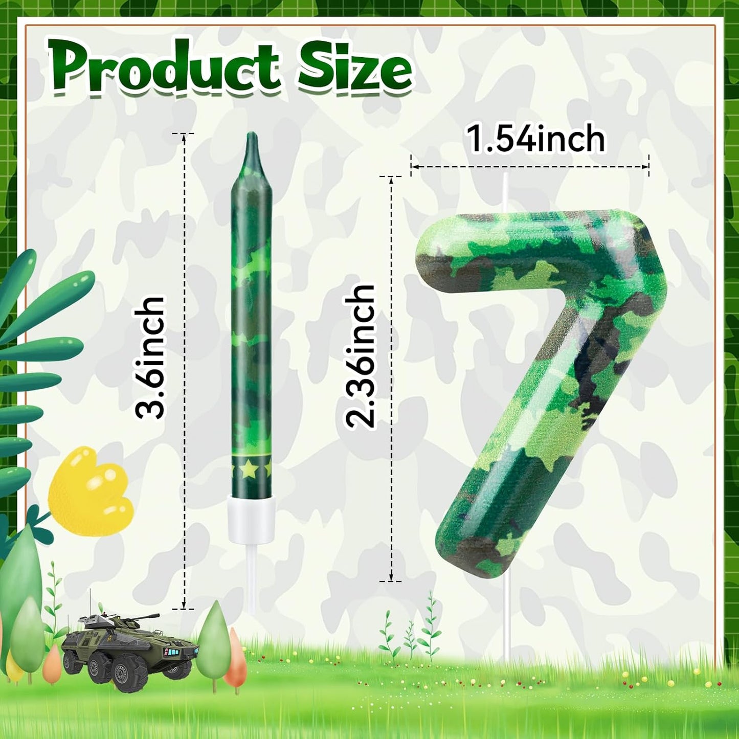 13 Pcs Camo Themed Birthday Candles 12 Army Themed Birthday Cake Candles and Number 7 Candle Cake Topper for Birthday Party Camouflage Motif Party Hunting Themed Party Decoration Supplies (Number 7)