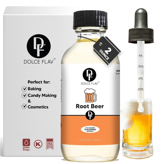 Dolce Flav Root Beer Extract – 2 Ounce Oil-Soluble Kosher, Sugar-Free, Concentrated Classic Root Beer Flavoring for Baking, Chocolates & Desserts, Includes Measured Dropper