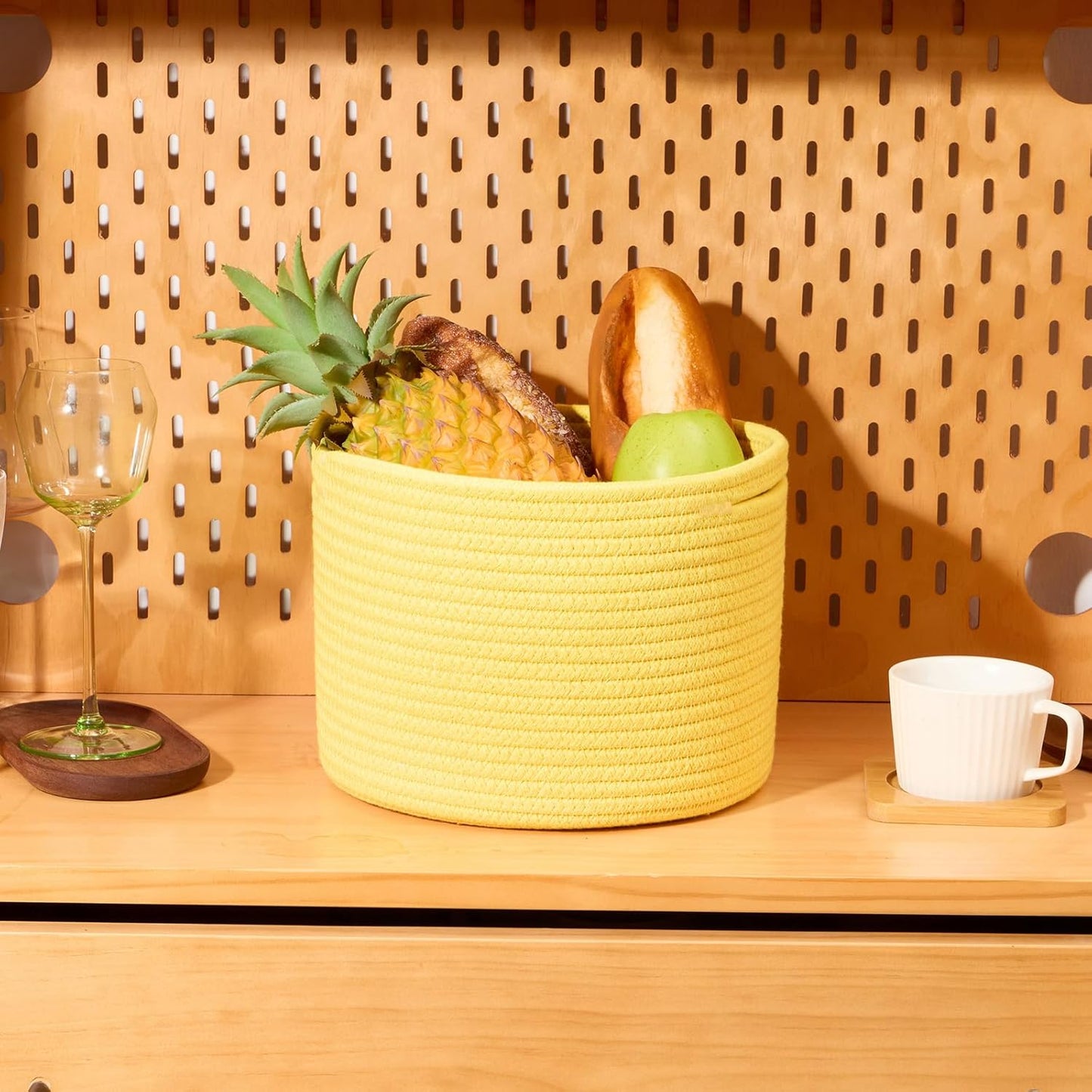 Small Basket for Organizing | Cube Shelf Closet Storage Baskets | 9.7×9.7×7.1” | Woven Rope Gift Basket | Nursery | Round 3 Packs Yellow