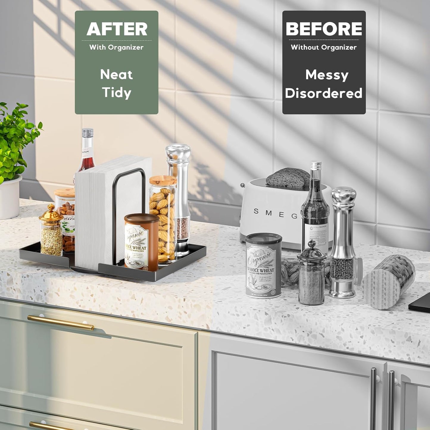 Napkin Holder for Table, Rotating Napkin Dispenser with Salt and Pepper Shakers Storage, Metal Paper Towel Holder for Table, Kitchen Countertop, Dining Table Decor Black Not Including Shakers