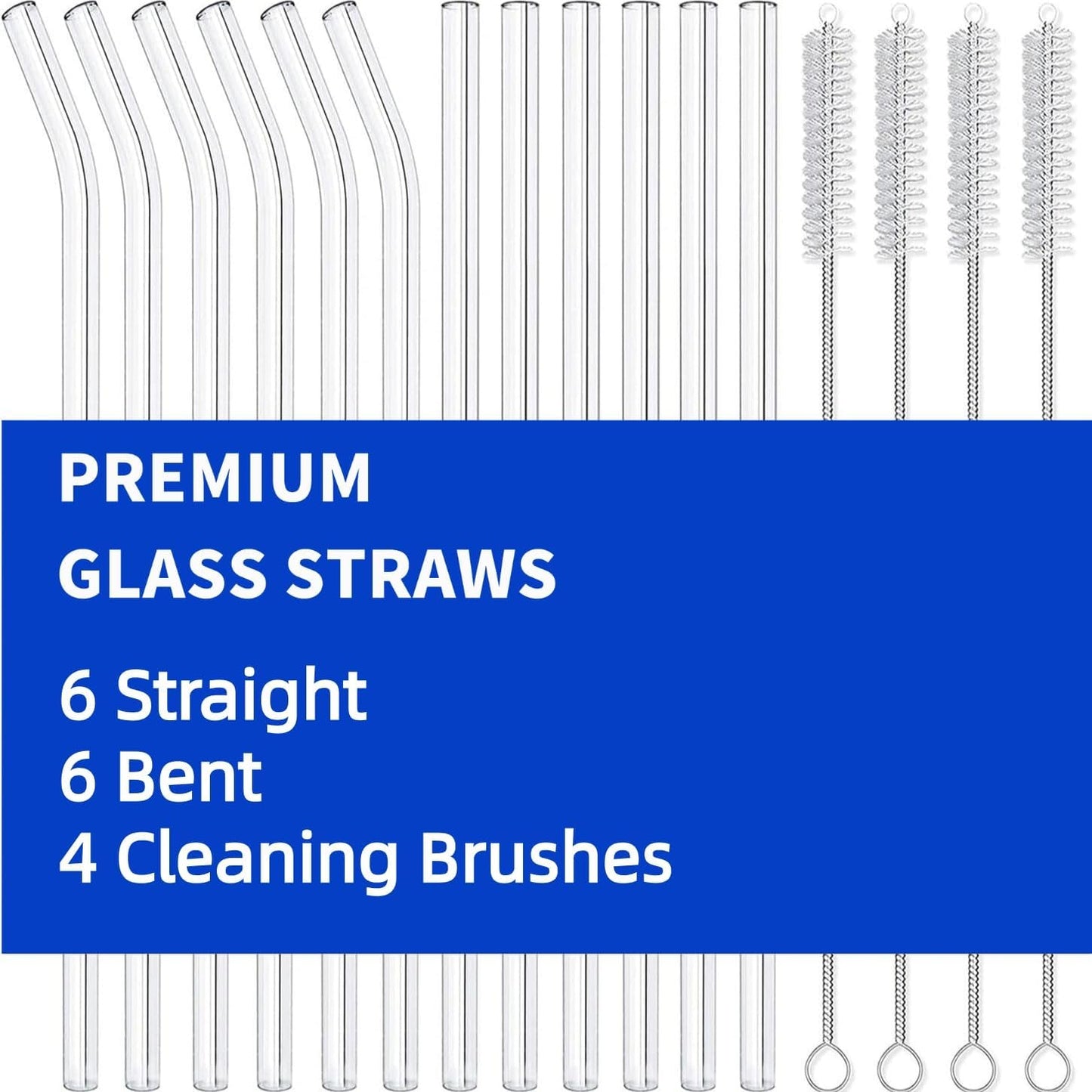 16 Pack Reusable Glass Straws,SIZE(8.5''x10 MM)，Set of 6 Straight and 6 Bent with 4 Cleaning Brush,Perfect for Smoothies,Tea, Juice