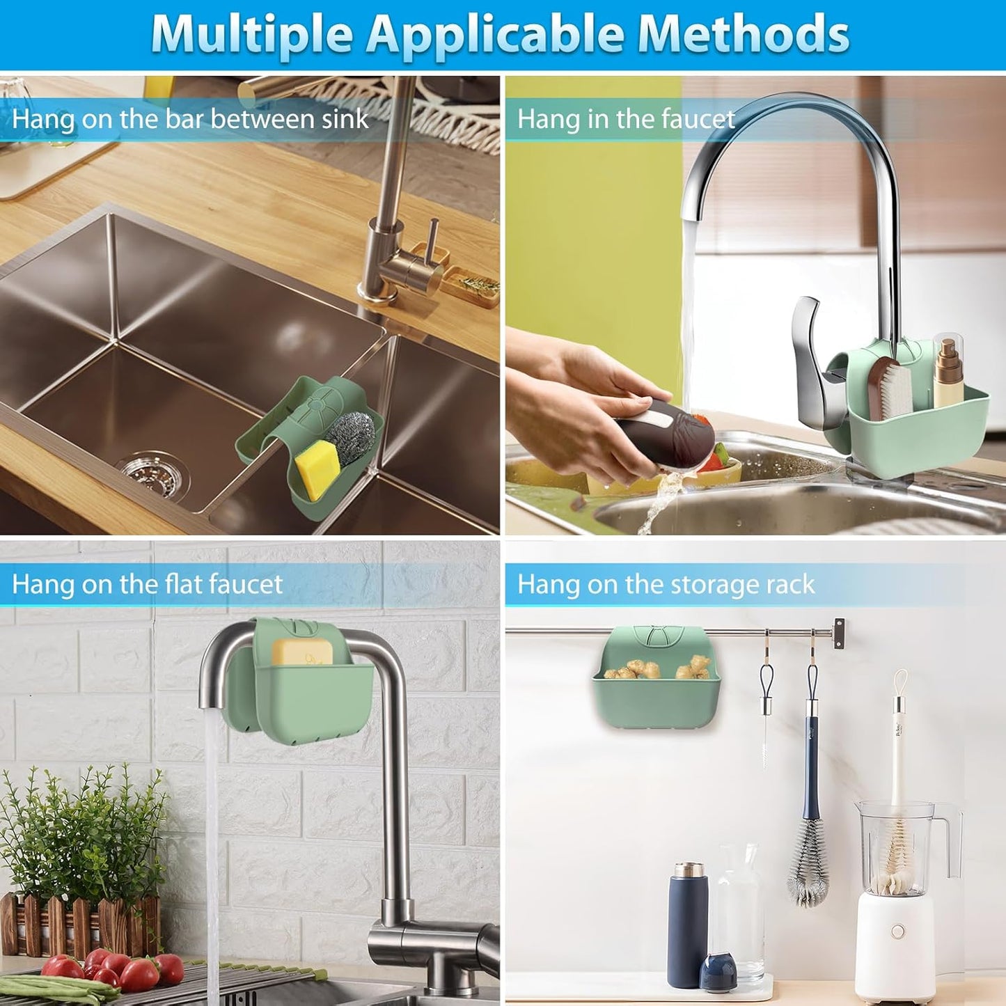 Sponge Holder for Kitchen Sink, Silicone Sink Saddle Caddy Organizer Rack, Sponges Holder Over Faucet, Hanging Kitchen Organizer Accessories Rack Basket Green