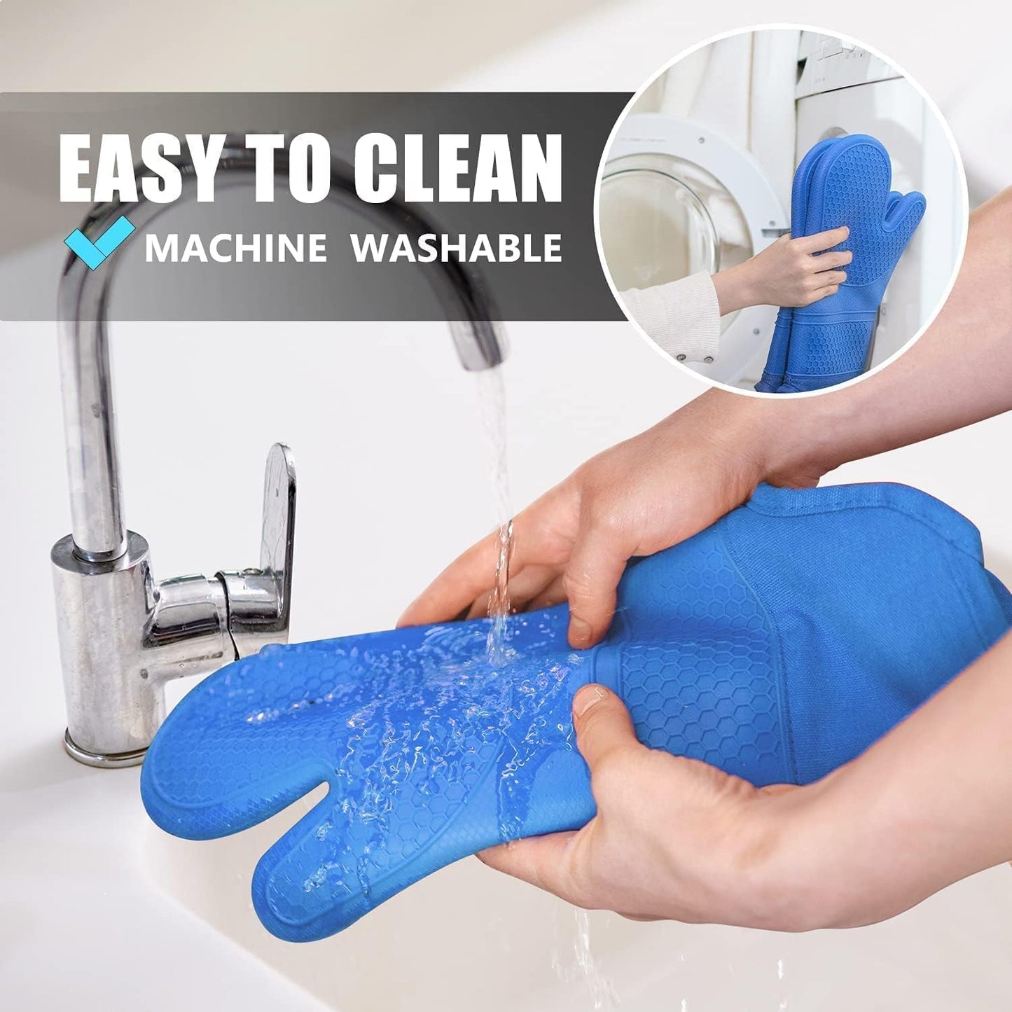 Rorecay 6pcs Oven Mitts and Pot Holders Sets for Kitchen, Extra Long Non-Slip Silicone Oven Gloves Heat Resistant 500 Degrees Potholders Hot Pads for Baking Cooking, Quilted Liner, Lake Blue