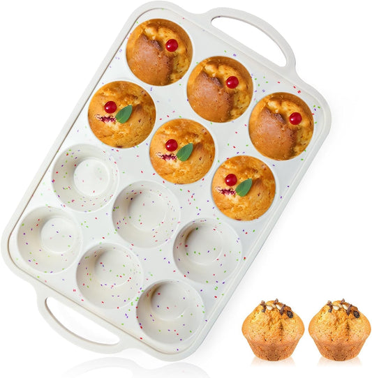 1Pack Silicone Muffin Pan for Baking with Metal Reinforced Frame, 12 Cup Regular Size Cupcake Pan, BPA Free Silicone Muffin Tray, Cupcake Baking Pan Molds for Oven Dishwasher Safe - Cream
