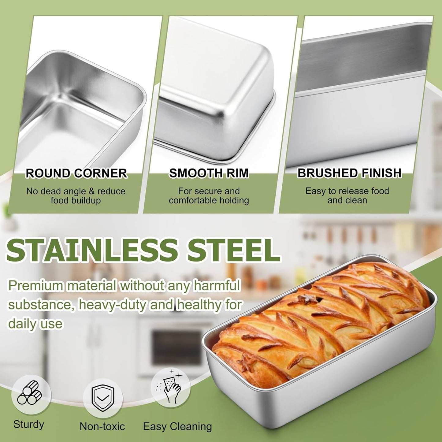 P&P CHEF Loaf Pan Set, 9 x 5 Inch Bread Pans, Stainless Steel Loaf Toast Baking Pans For Bread Meatloaf Lasagna Cake, Healthy & Non Toxic, Oven & Dishwasher Safe,(Silver, 8Pcs)