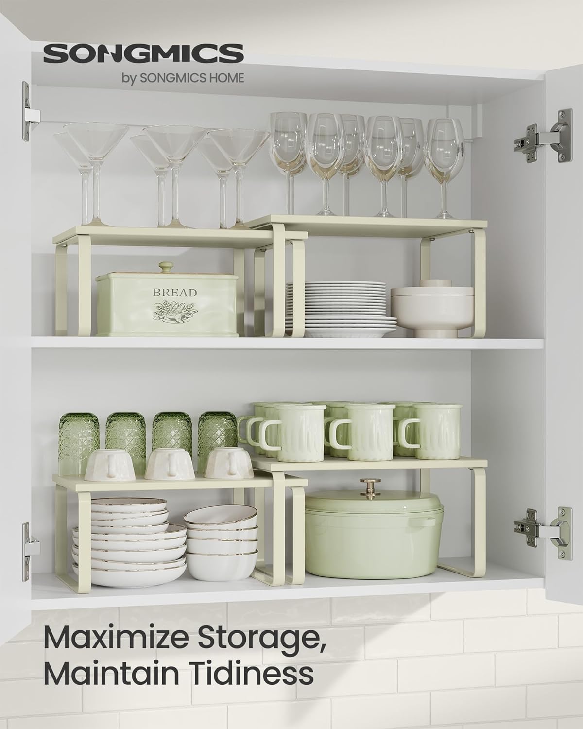 SONGMICS Cabinet Organizer Shelf, Set of 2 Kitchen Counter Shelves, Kitchen Storage, Spice Rack, Stackable, Expandable, Metal and Engineered Wood, Cream White UKCS002W02