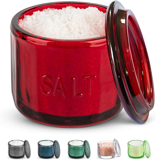 KooK Glass Salt Cellar, with Lid, Embossed Pressed Glass, Clear Storage Container, for Coffee, Sugar, Spices and Candies, 10 oz (Ruby Red)