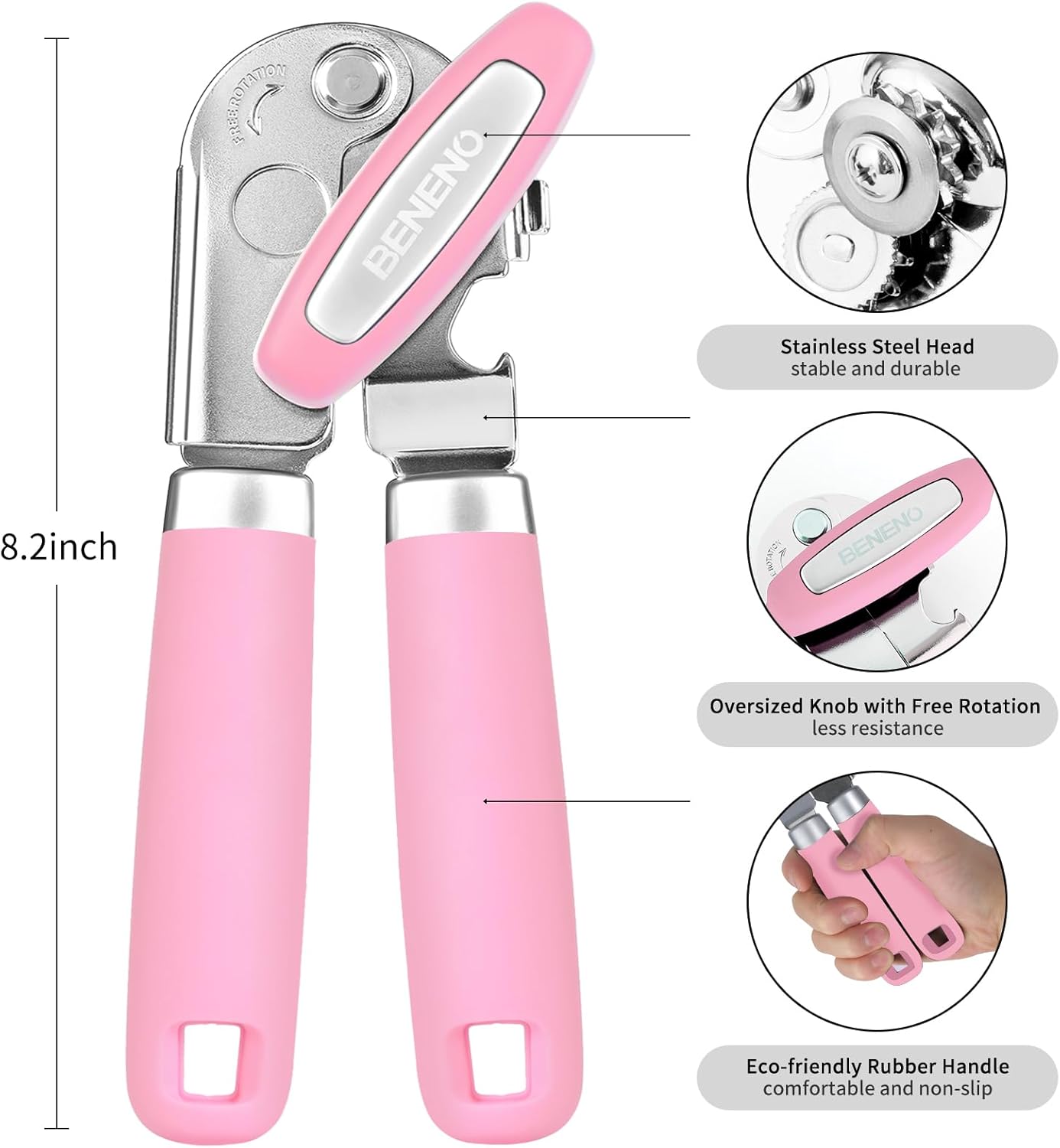 Beneno Can Opener Manual with Magnet, Hand Held Heavy Duty Can Opener with Durable Sharp Blade Smooth Edge, Big Effort-Saving Knob, Soft Grip Rubber Handle, Multifunctional Bottle Opener, Pink