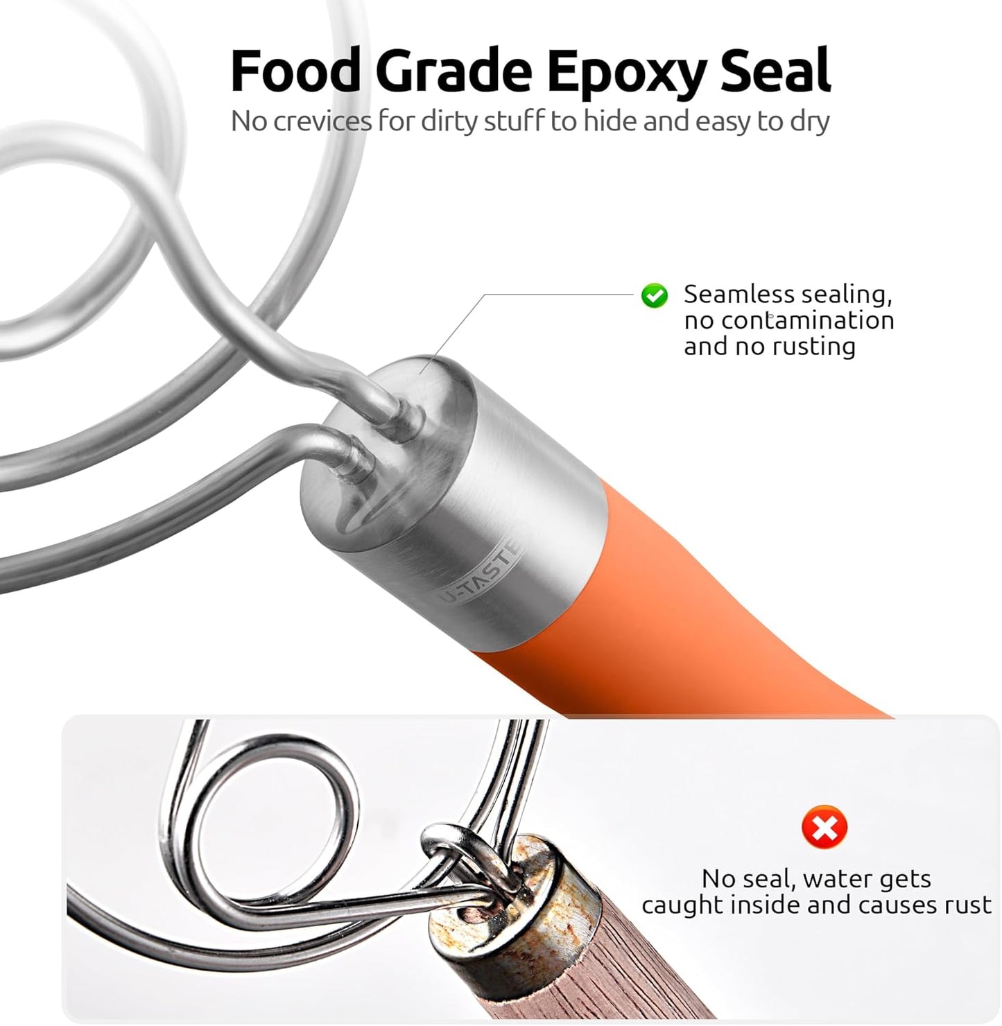 U-Taste 12.6in Danish Dough Whisk: 18/8 Stainless Steel Heavy-Duty Sourdough Mixer Tool, Food Grade Dutch Style Seamless Bread Wisk, Sturdy for Mixing, Stirring, Kneading Thick Batter (Orange)