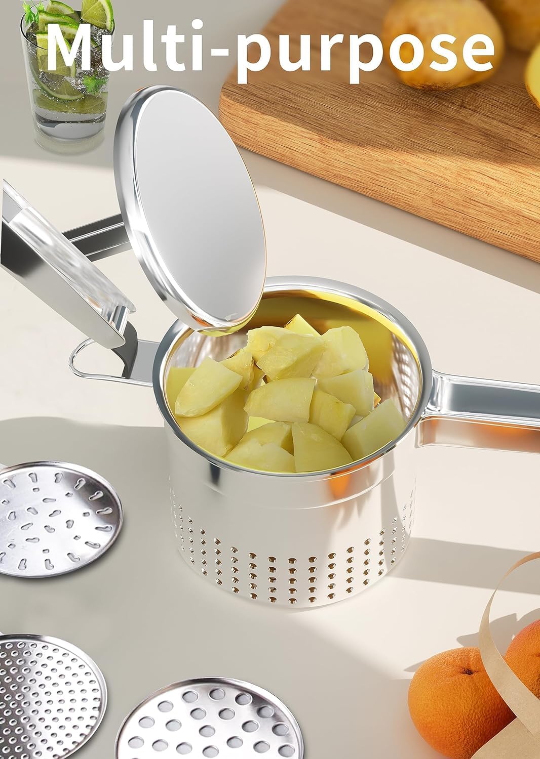 Large 15oz Potato Ricer with 3 Interchangeable Discs, Heavy Duty Stainless Steel Potato Masher with Ergonomic Handle, Masher and Ricer Kitchen Tool for Mashed Potatoes, Noodle Maker