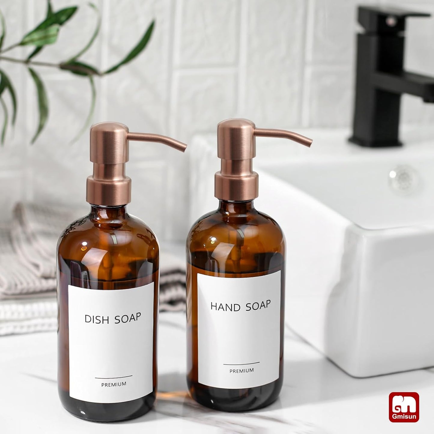 GMISUN Amber Glass Soap Dispenser, 2 Pack Bathroom Hand Soap Dispensers with Rose Gold Pump, 17 Fl Oz Kitchen Hand and Dish Soap Dispenser Set, Modern Vintage Liquid Brown Soap Dispensers Bottle