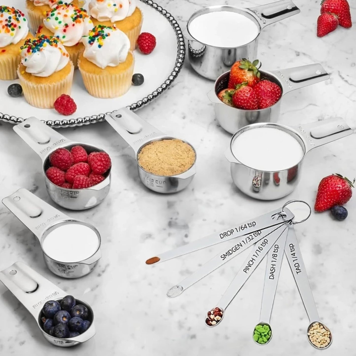 12PCS Measuring Cups and Spoons Set, 7 Stainless Steel Nesting Measuring Cups & 5 Mini Measuring Spoons for Cooking Baking, Dry and Liquid Ingredients Measurement