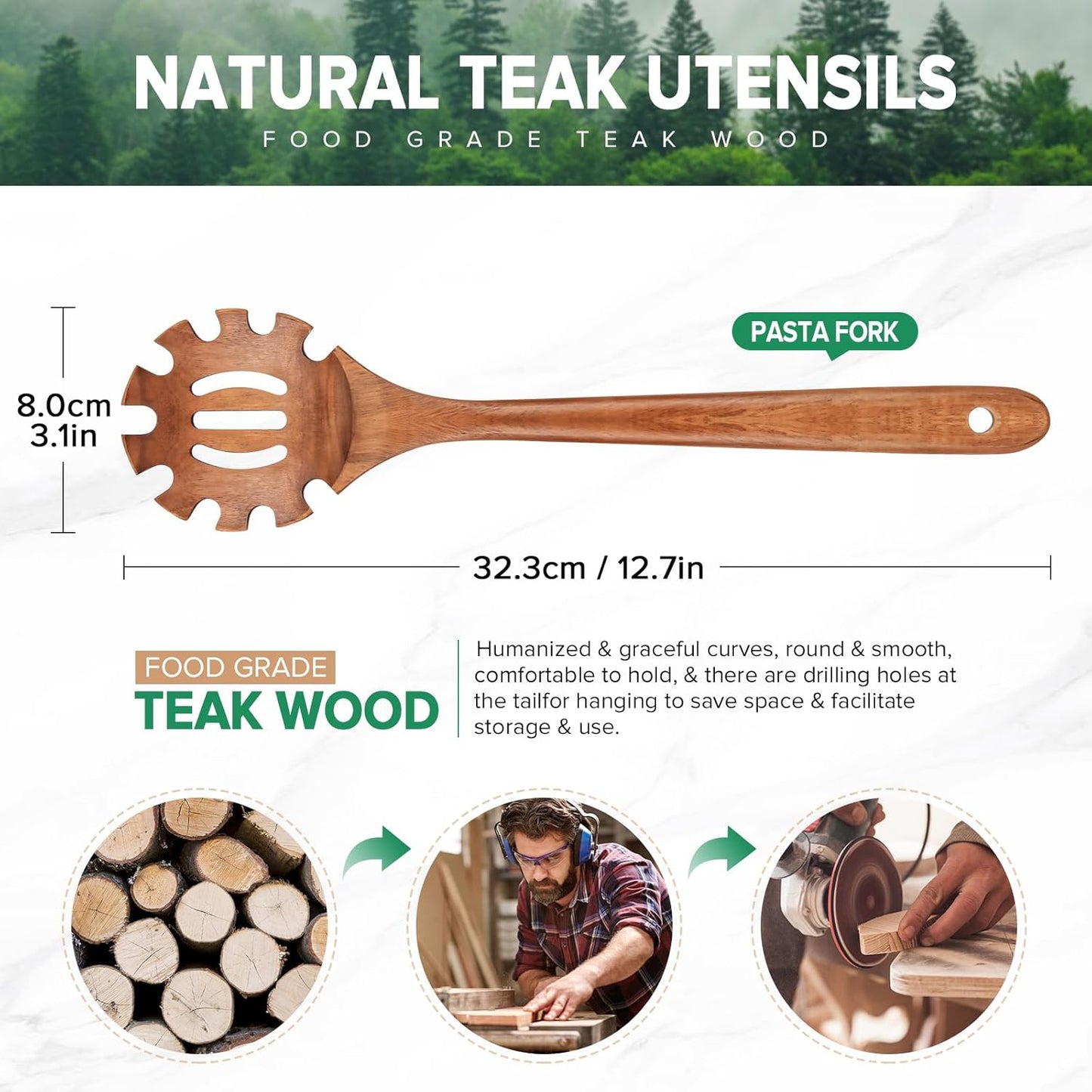 Wooden Pasta Spaghetti Spoon with Teeth, Teak Slotted Pasta Spaghetti Strainer Spoon for Cooking Serving Collecting, Wooden Pasta Fork Server Utensil with Claws, Wood Noodle Strainer,12.8″, Brown