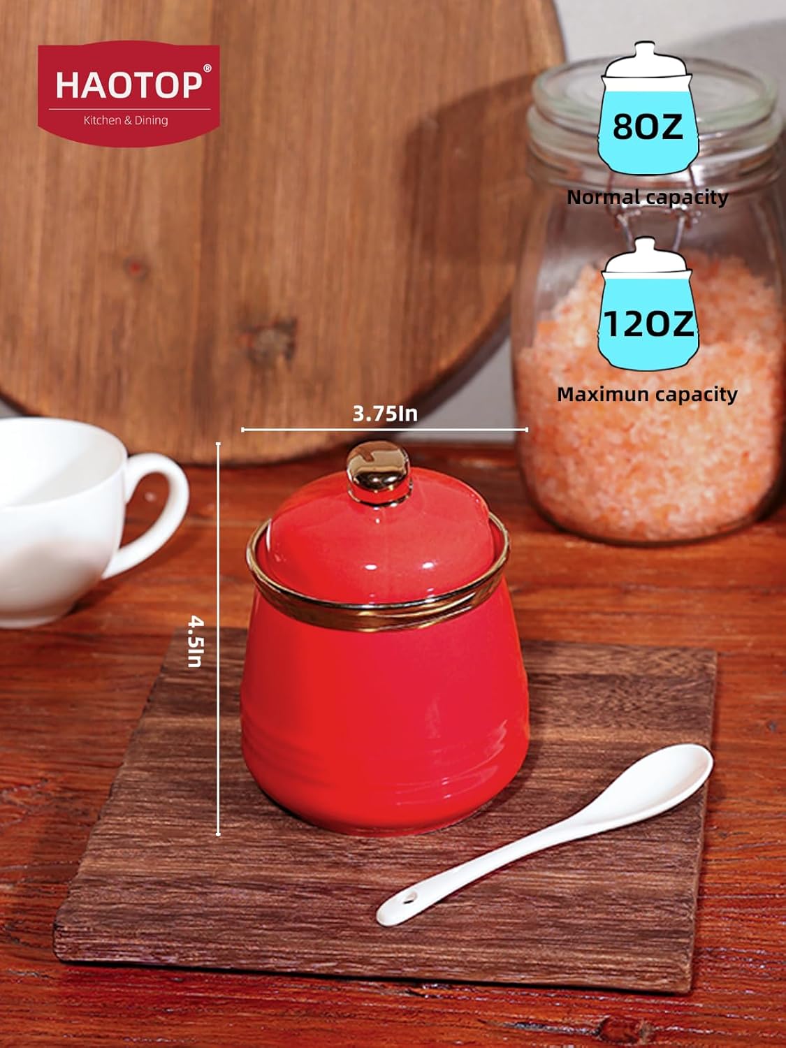 HAOTOP 12oz Sugar Bowl with Lid and Spoon,Simple Ceramic Sugar Jar Sugar Container Sugar Dispenser Coffee Bar Accessories, Modern Kitchen Countertop Canisters, Red