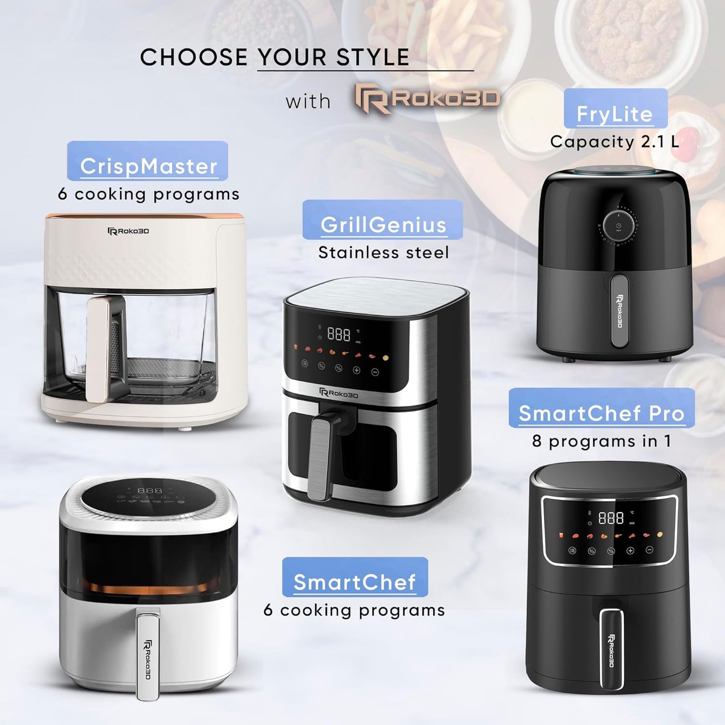 Stainless Steel Air Fryer ROKO 3D with Visible Window - 5Qt Capacity for 3-5 Persons | 18 in 1 - Fry, Bake, Toast, Broil, Reheat without Oil - 1400W, Dishwasher Safe, Luxury Black and Silver