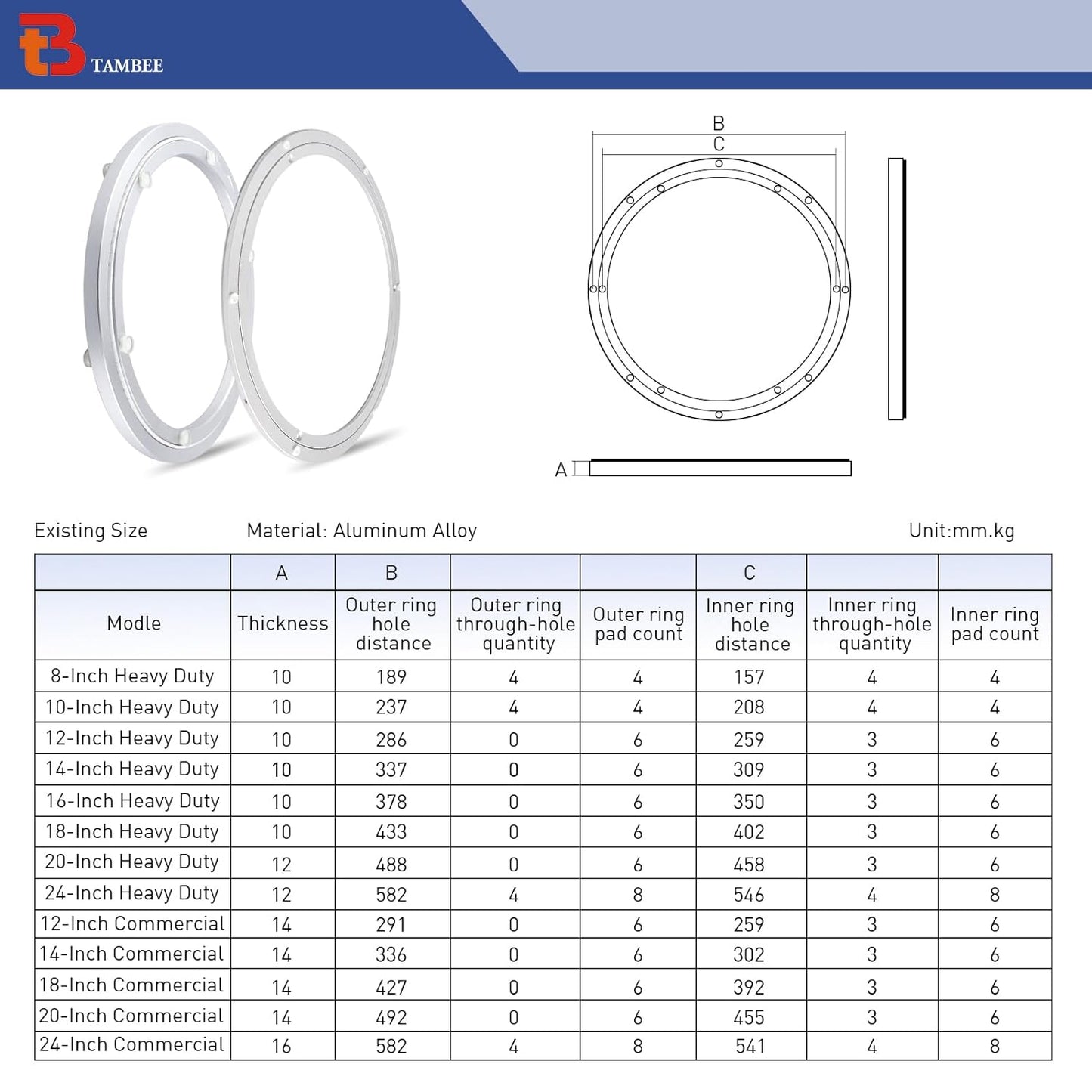 TamBee Lazy Susan Bearing 18 Inch - Heavy Duty Lazy Susan Base & Hardware, Silent Turntable for Smooth Rotation (Aluminum Alloy, 380LB Capacity)