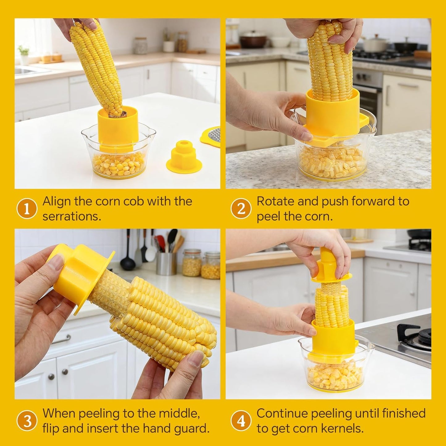 Corn Cob Stripper and Peeler Tool with Bowl, Multifunction Quick Corn Kernel Cutter Set with Grinder, Fast Kernel Peeler for Corn on The Cob, Non-Slip Base for Kitchen