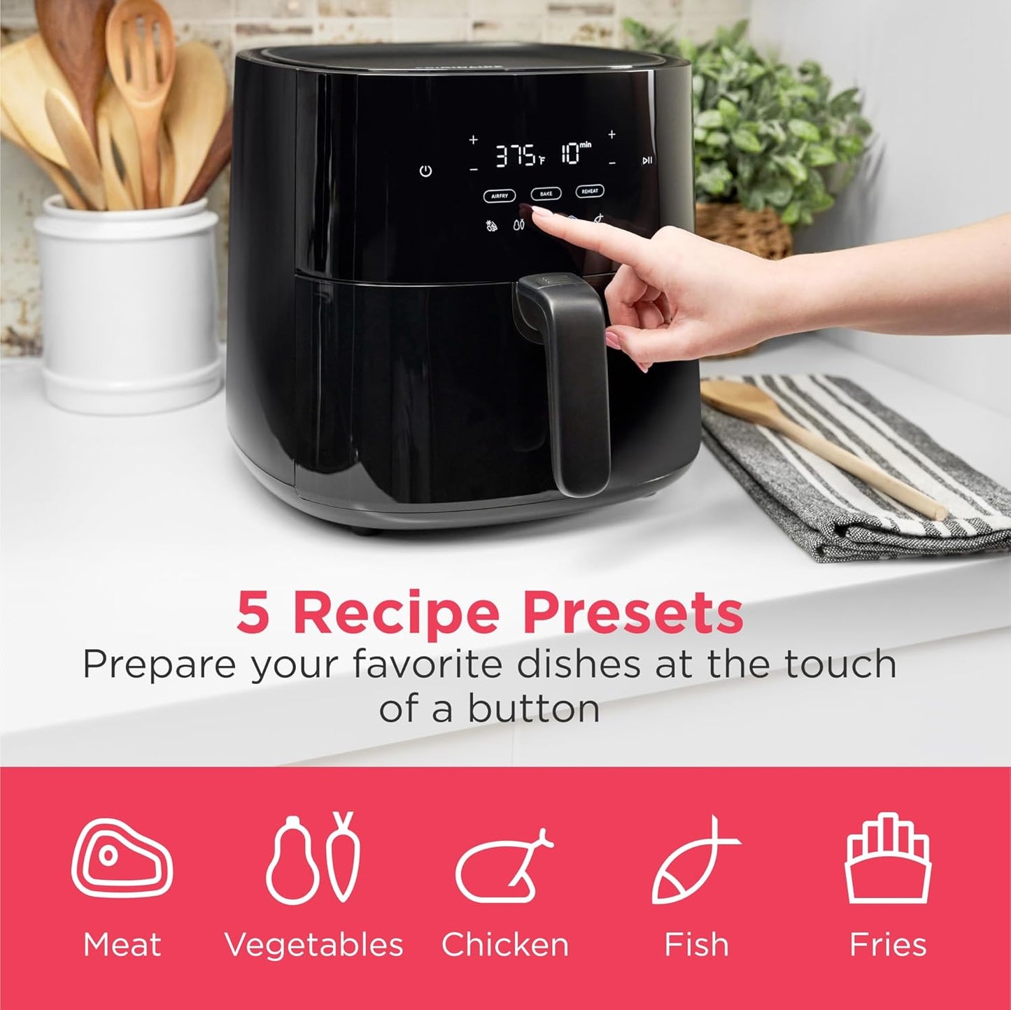 Frigidaire 3-in-1 Air Fryer, Large 5.3 QT Capacity, Digital Display, 3 Cooking Modes, 5 Recipe Presets, Automatic Shake Reminder, PFAS-Free Cooking Surfaces, Black