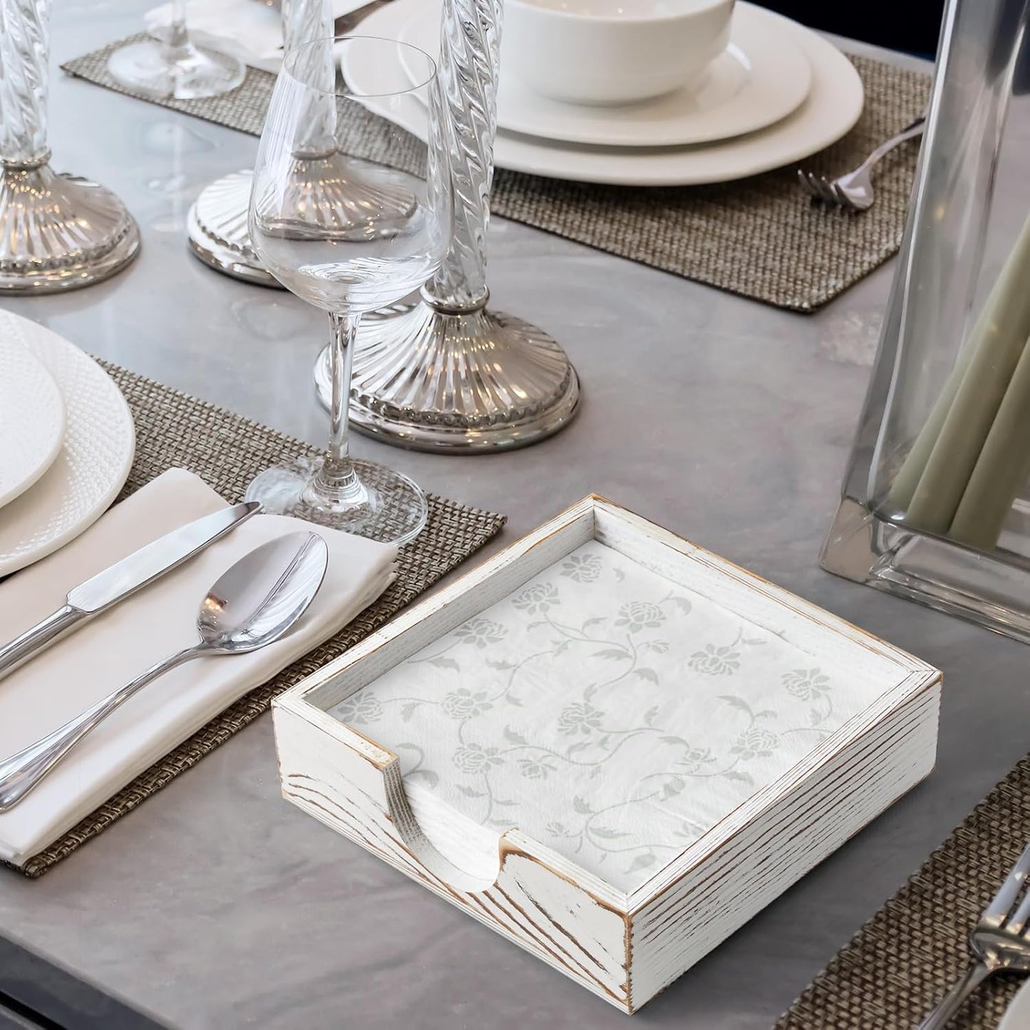 Napkin Holder for Table, White Washed Wood Napkins Holders For Paper Napkins, Flat Napkin Holder for Luncheon, Napkin Holders for Kitchen Dinner Decor, Napkin Dispenser for Indoor & Outdoor Use