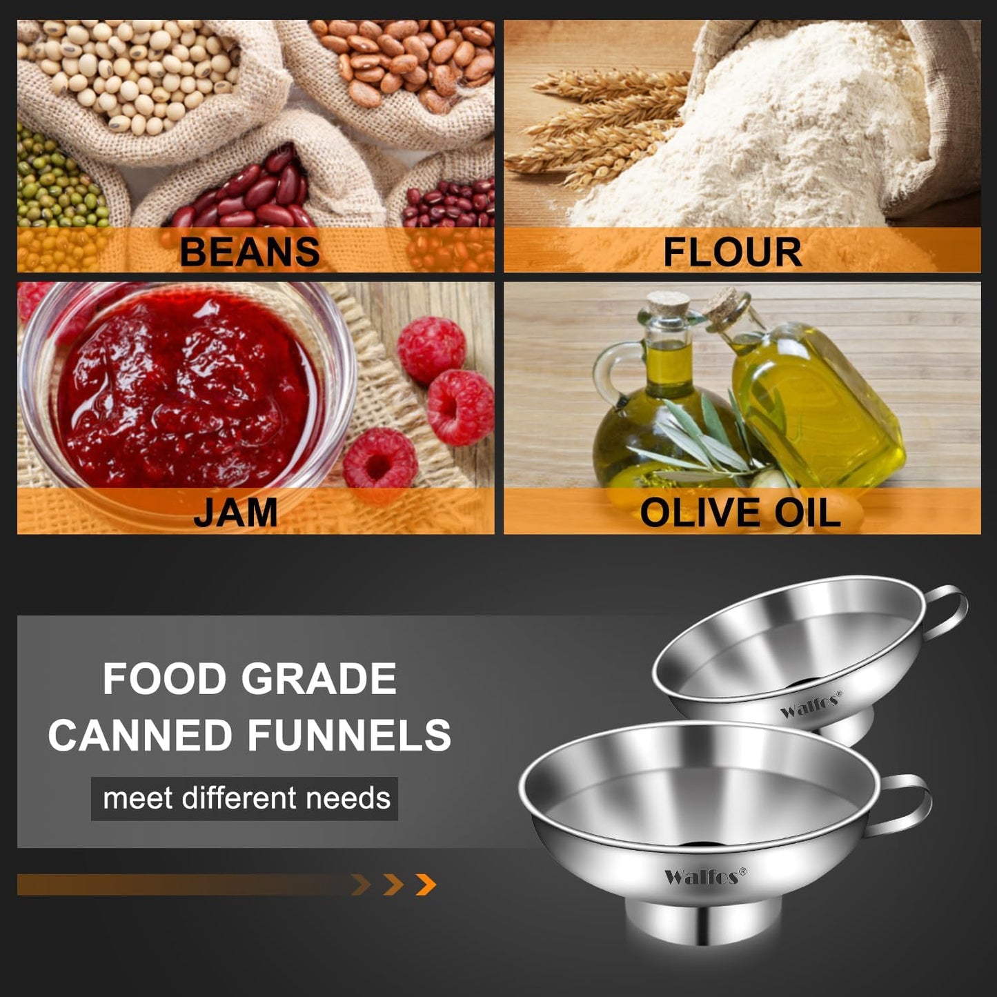 Walfos 2 Pack (4in & 5.5in) Stainless Steel Wide-Mouth Funnel with Handle for Wide and Regular Mason Jars Canning Jars, Wide-Mouth Funnels for Kitchen Use,Transferring Liquid and Dry Ingredients