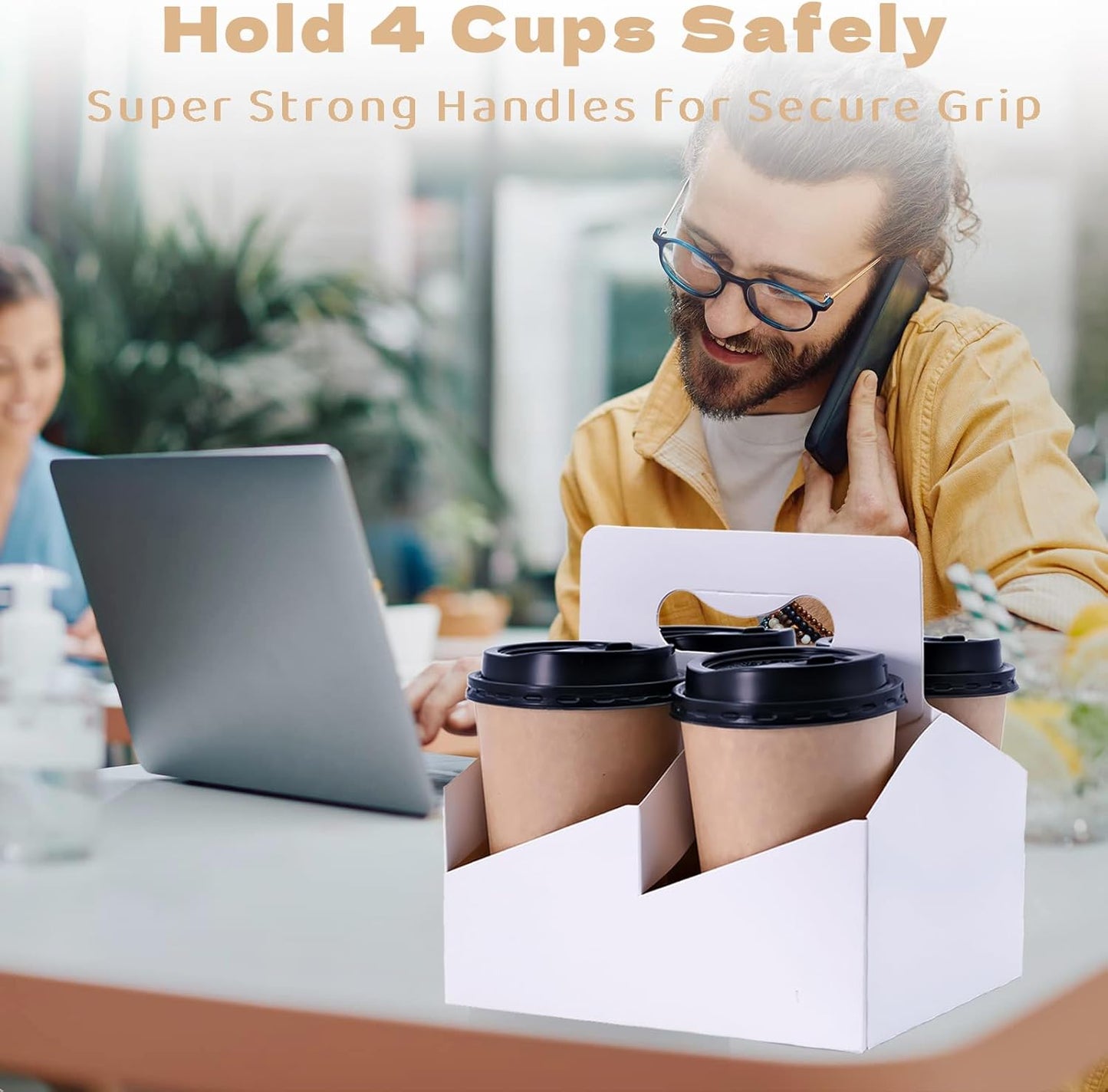 Kraft Paperboard 4-Cup Drink Carrier with Handle, 12-32 oz Coffee Cup Holder, Takeout Beverage Delivery, 30-Pack(Without Cups)