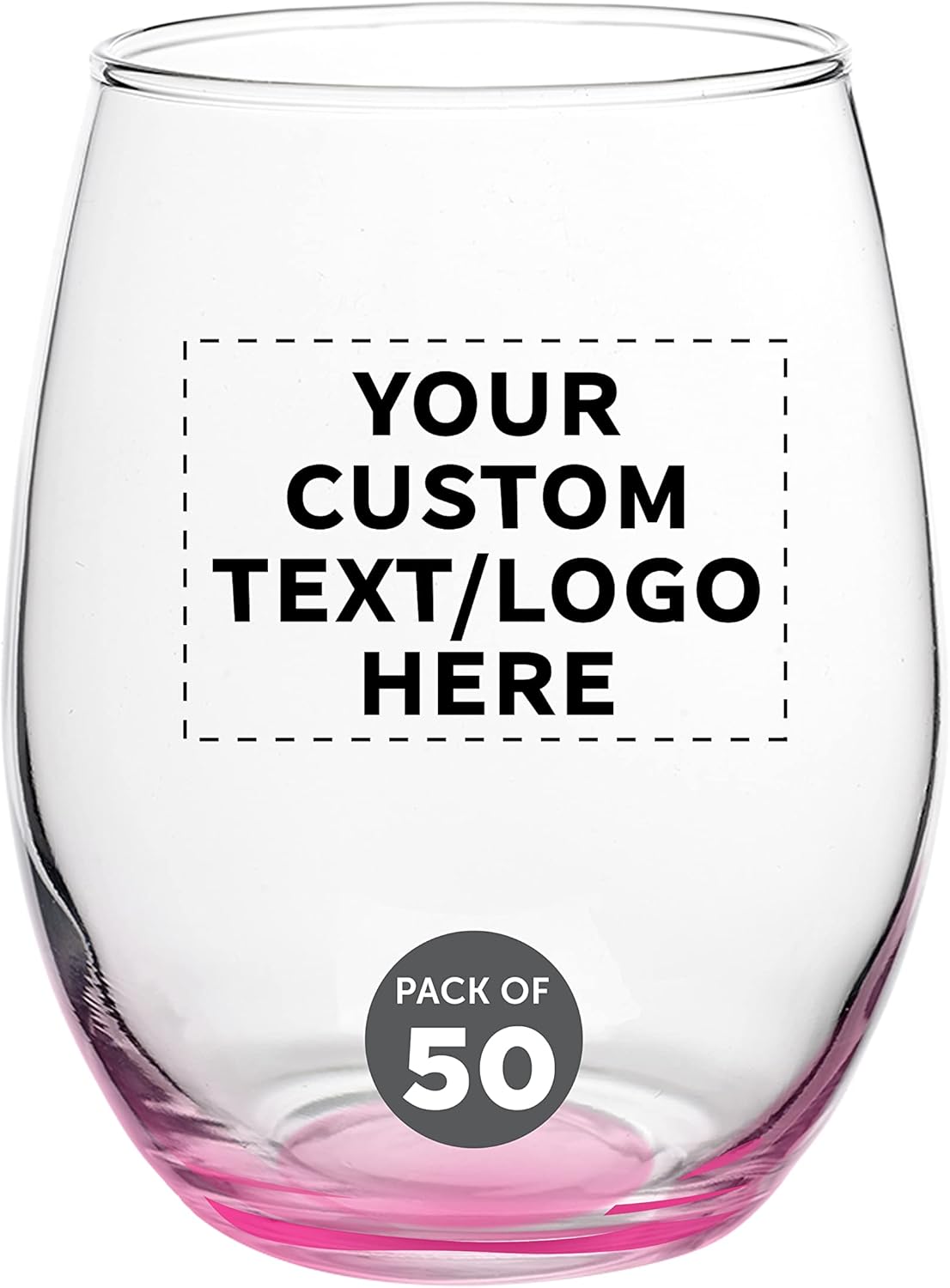Custom Stemless Wine Glasses in Bulk by ARC Perfection, 15 oz, 50 pack, Personalized Text, Logo, Red or White Wine Glass Set, Pink