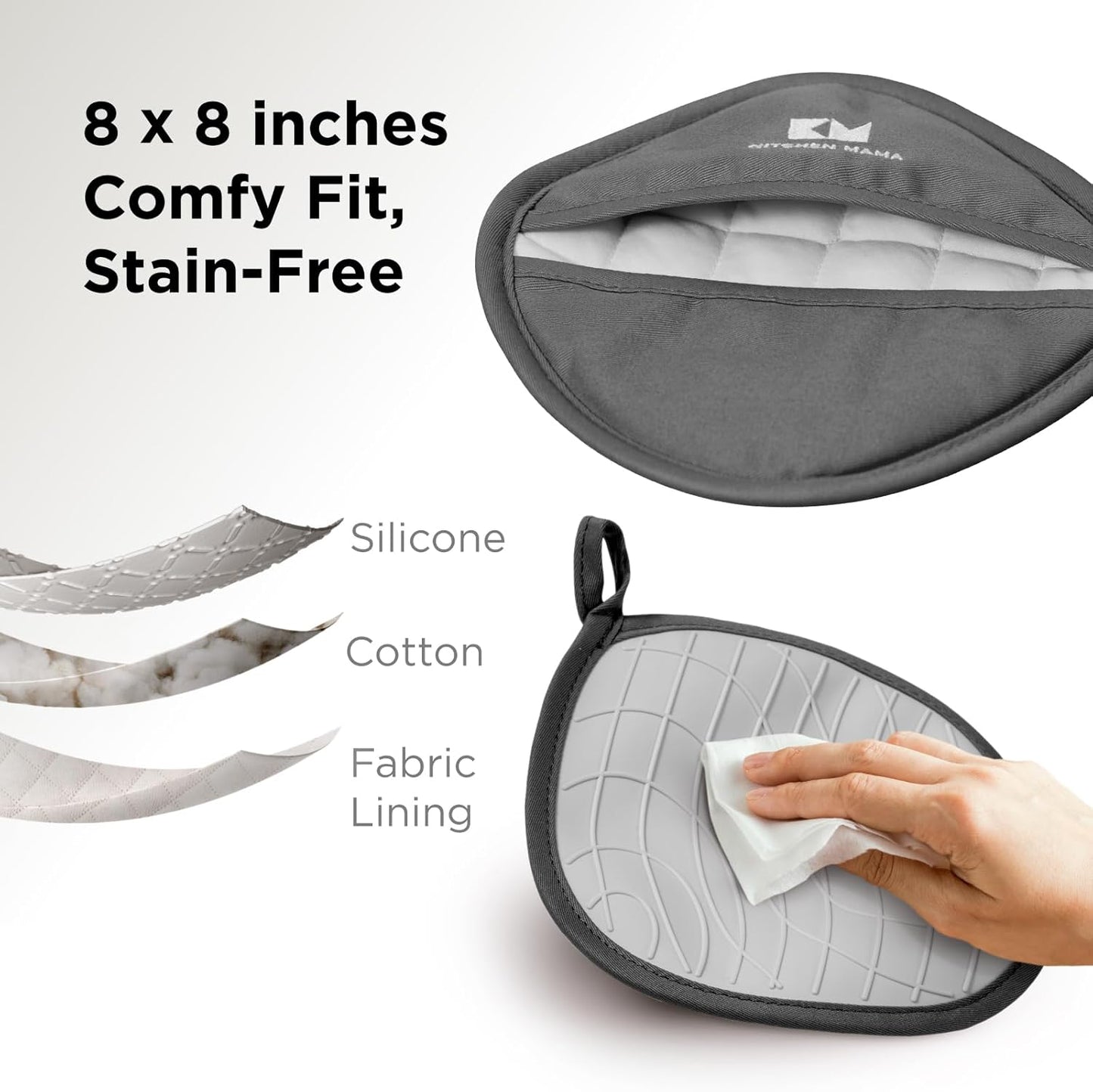 Kitchen Mama Silicone Pot Holders - Heat Resistant, Non-Slip Surface, Dual Pocket Design with Soft Cotton Lining, Safe, Durable, Stylish, Practical for Everyday Use Hot Oven, Bowl, Pan (Metal Gray)