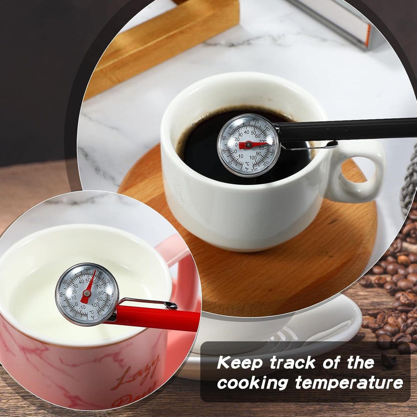 Xuhal 6 Pcs Stainless Steel Kitchen Thermometer with 5 Inch Long Stem 1 Inch Dial Thermometer Milk Frothing Food for Oven Probe Meat Grill BBQ Cooking Chocolate Water(Black, Red)