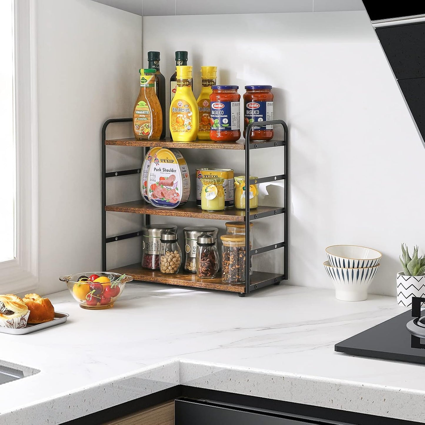 IBUYKE Set of 2 3-Tier Bathroom Counter Organizer, Tray Countertop Storage Shelf, Kitchen Spice Rack Standing, Counter Standing Rack Cosmetic Holder, Rustic Brown TWJ001H-2