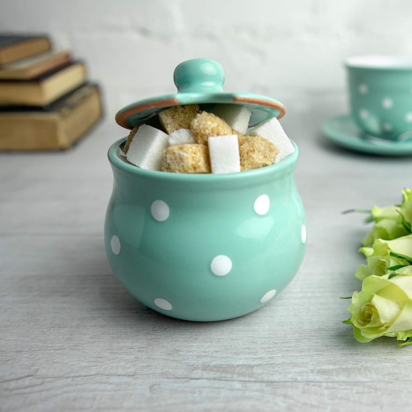City to Cottage Ceramic Sugar Bowl with Lid, 10oz Sugar Contanier for Coffee Bar, Sugar Dispenser Bowl, Salt - Condiment Pot for Kitchen Counter, Handcrafted turquoise Blue Polka Dot Sugar Jar